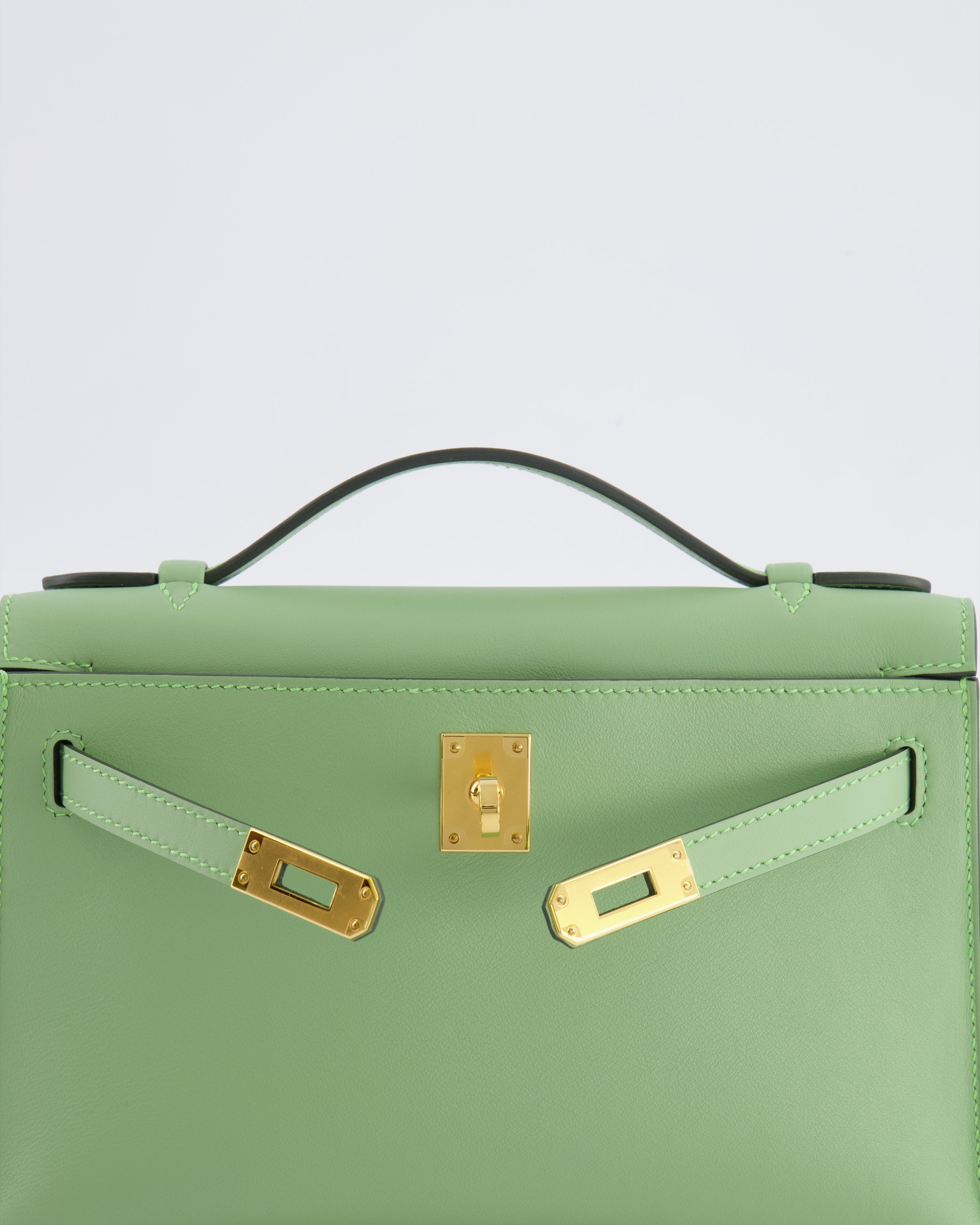 *HOT COLOUR* Hermès Mini Kelly Pochette Bag in Vert Criquet Swift Leather with Gold Hardware