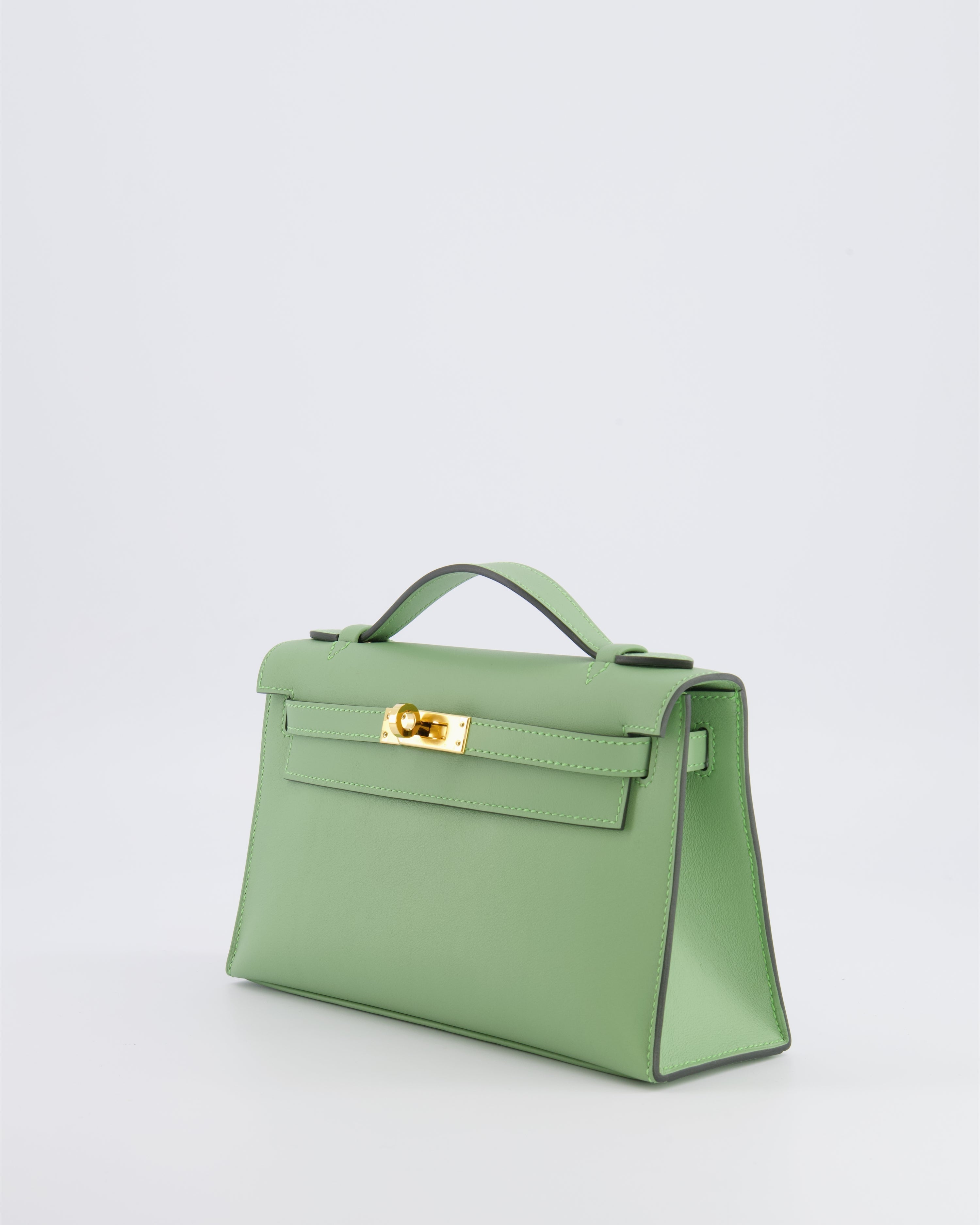*HOT COLOUR* Hermès Mini Kelly Pochette Bag in Vert Criquet Swift Leather with Gold Hardware