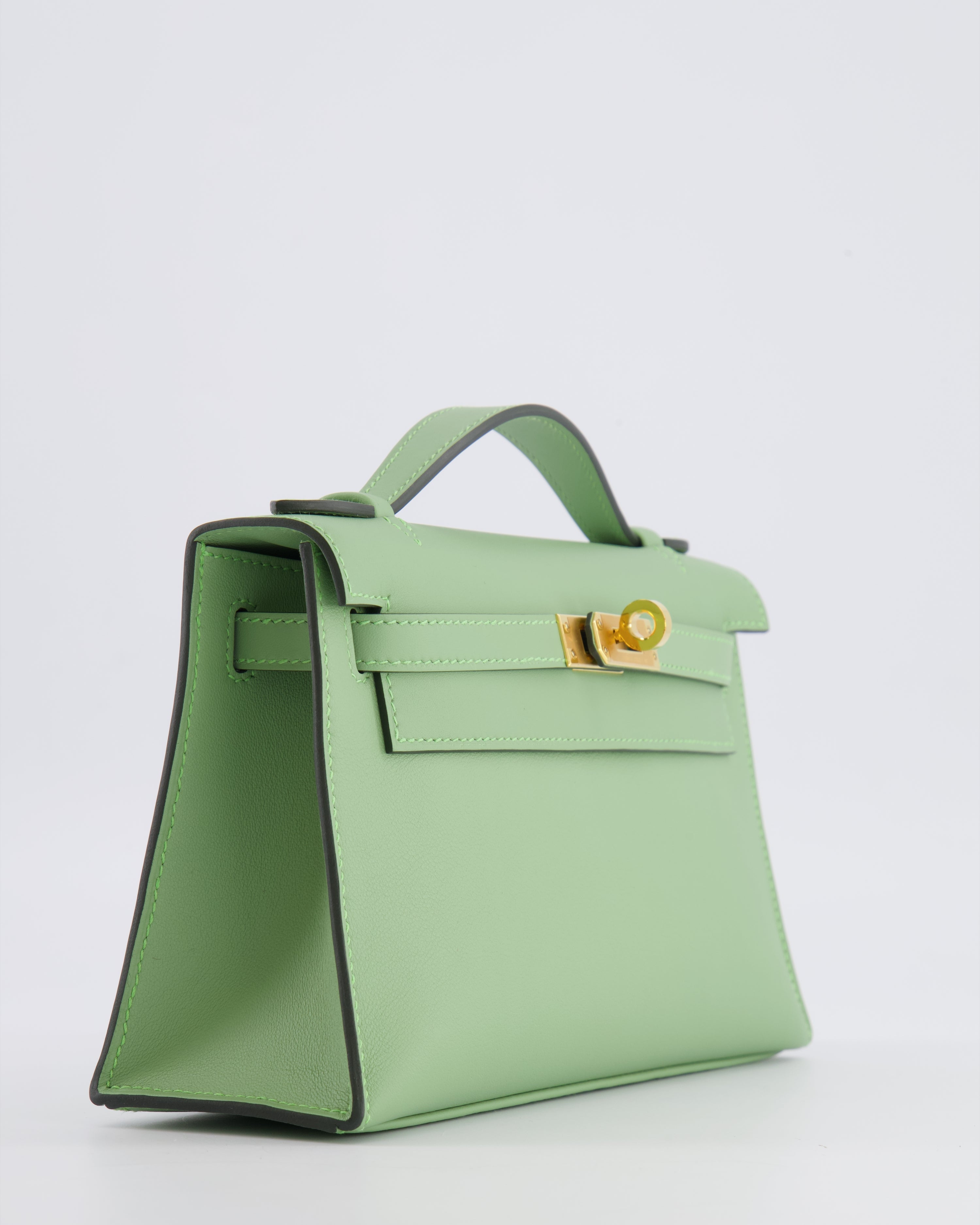 *HOT COLOUR* Hermès Mini Kelly Pochette Bag in Vert Criquet Swift Leather with Gold Hardware