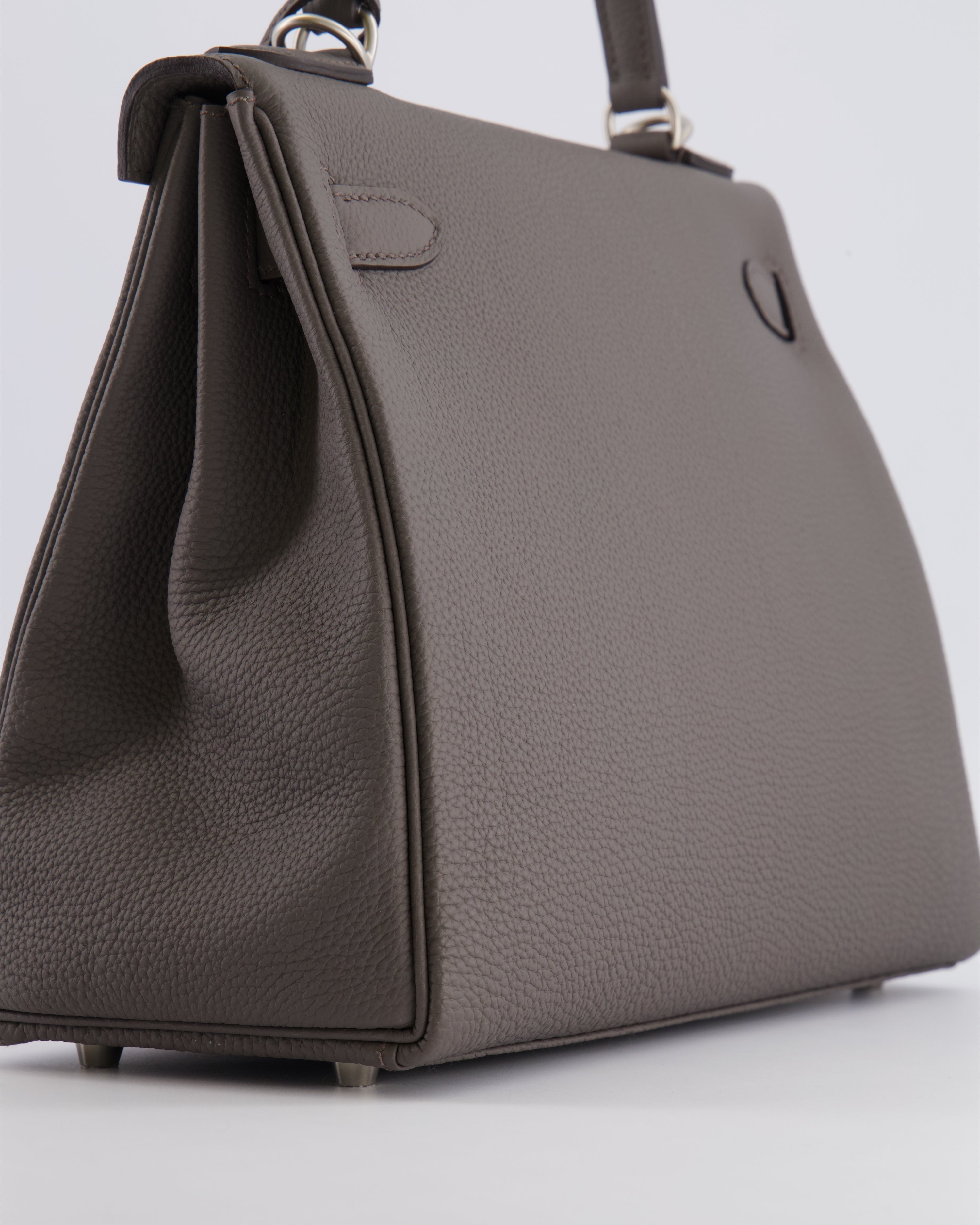 Hermès Kelly 28 Retourne HSS Bag in Gris Etain Togo Leather with Gris Perle Interior and Brushed Palladium Hardware