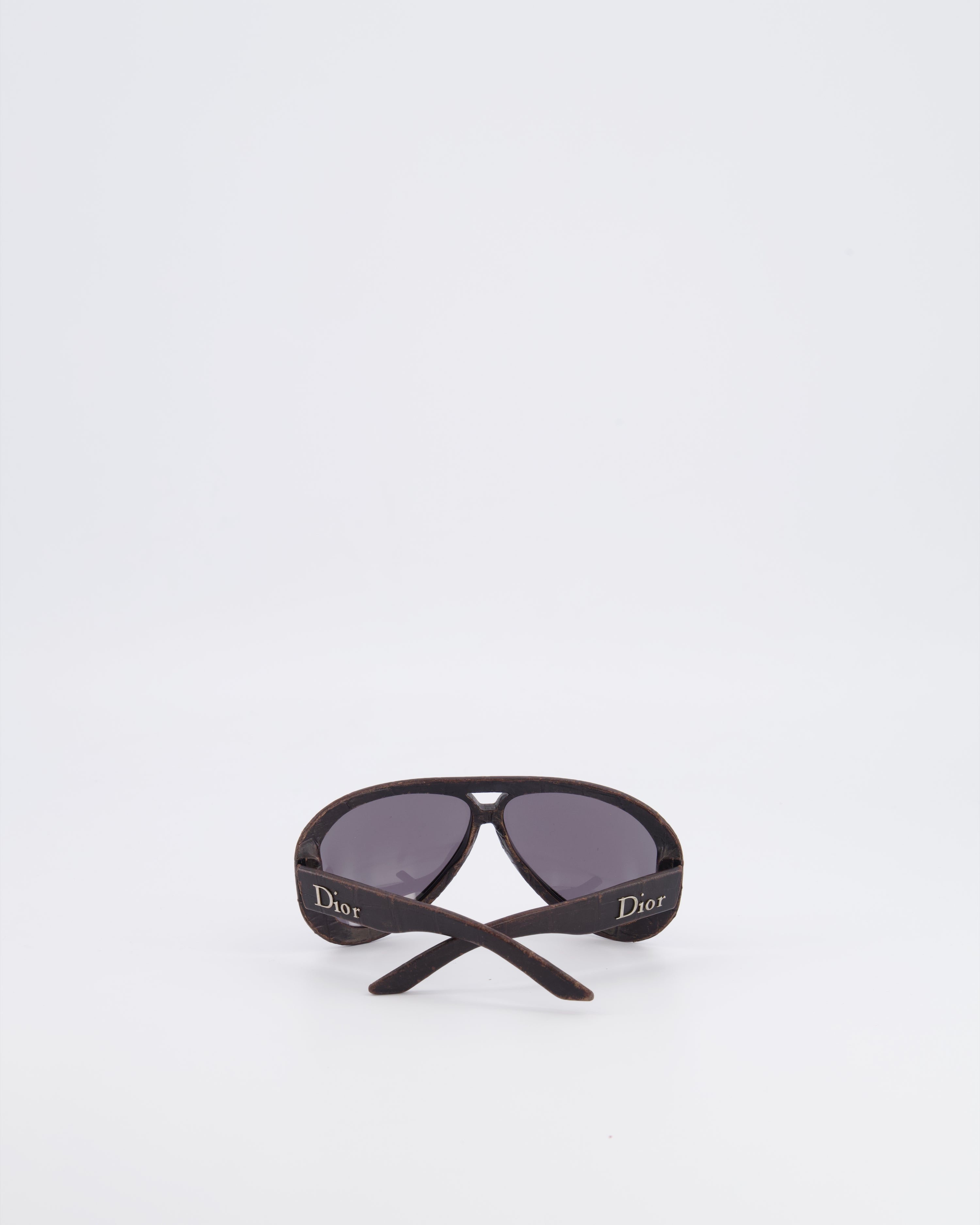 Christian Dior Wood Brown Leather Sunglasses with Silver Logo Detail