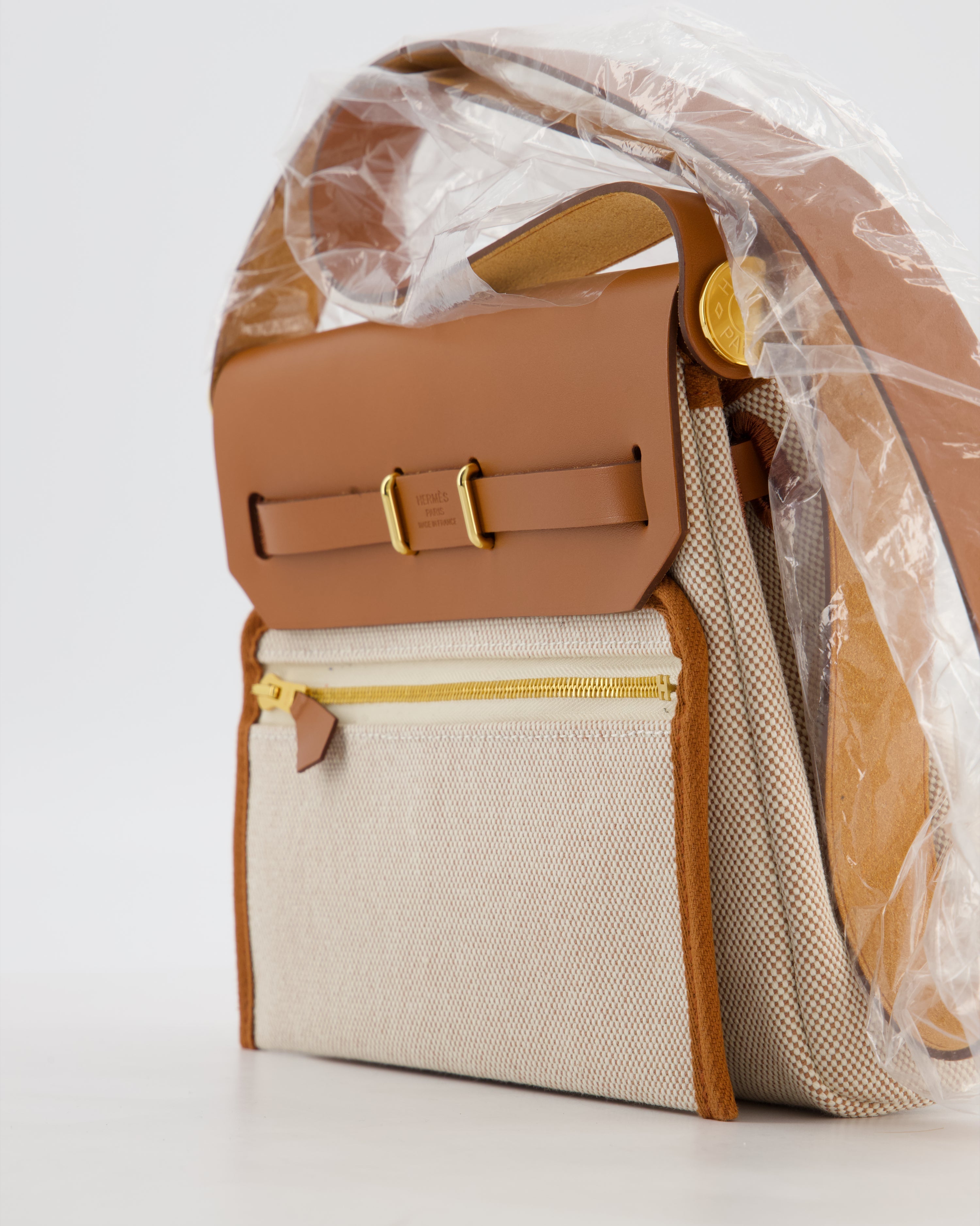 *HOT* Hermès Herbag Zip 20 Bag in Fauve Vache Hunter Leather & Ecru/Beige Viking Canvas with Gold Hardware