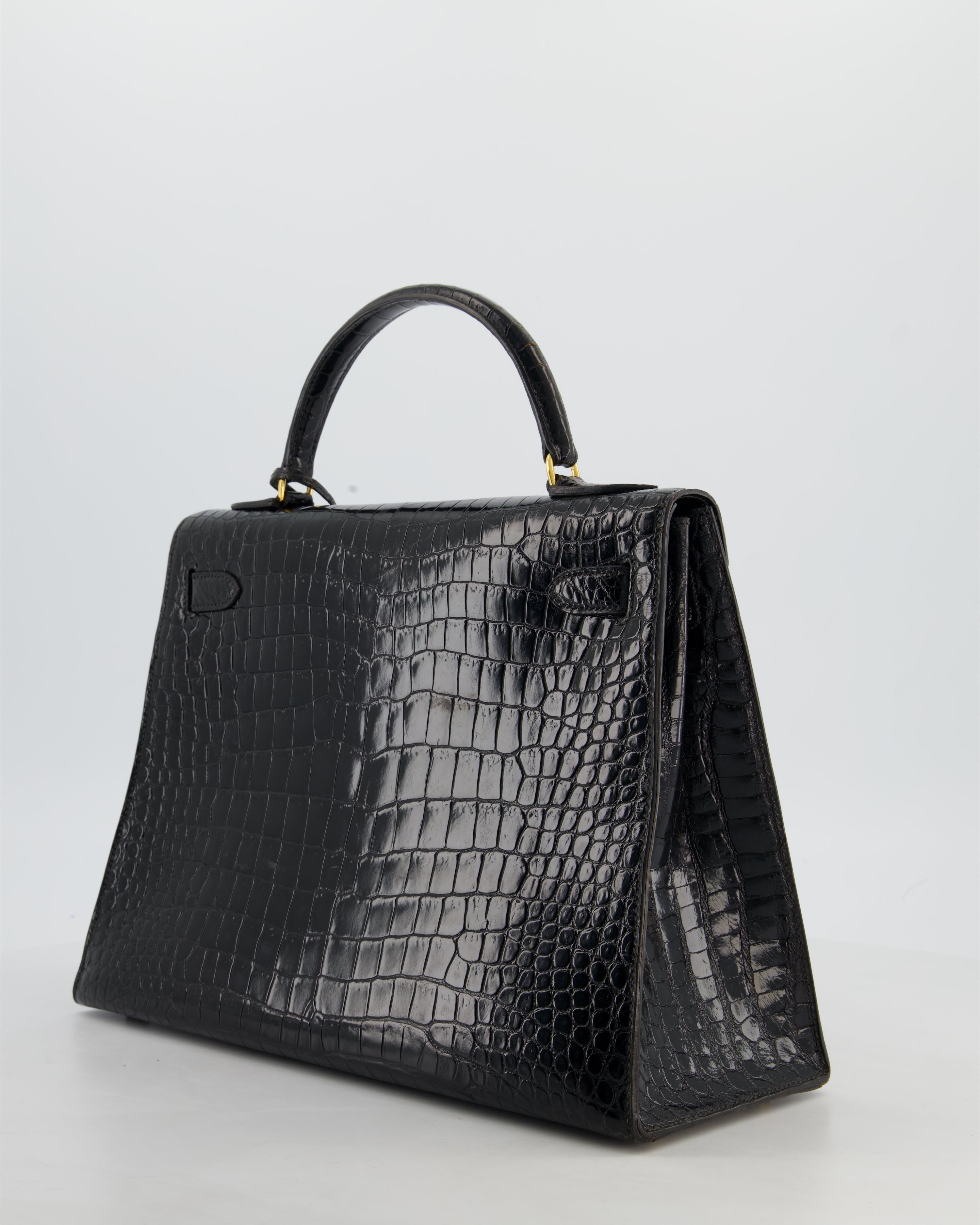 *HOT* Hermès Vintage Kelly 32 Sellier Bag in Noir Porosus Crocodile Leather with Gold Hardware