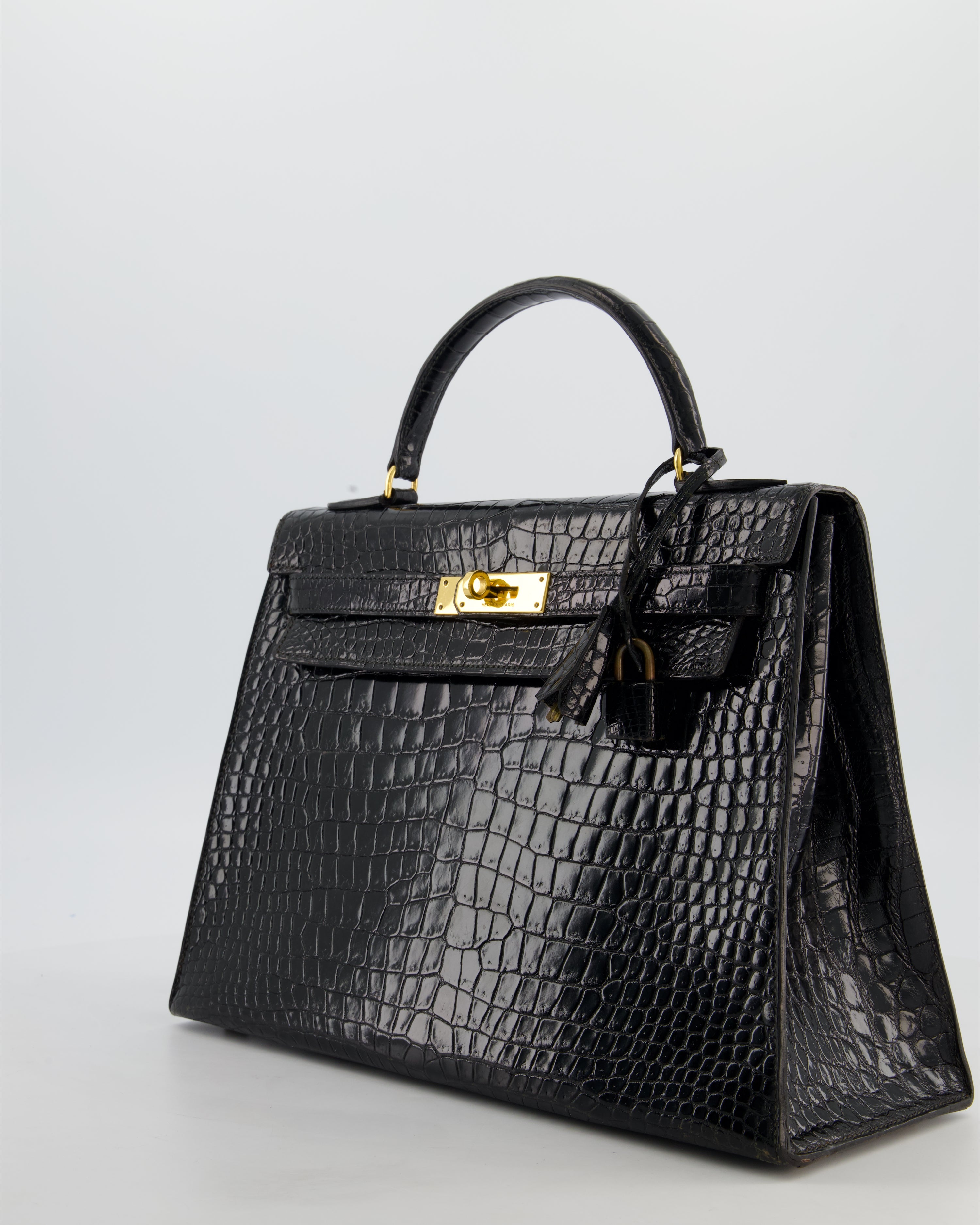 *HOT* Hermès Vintage Kelly 32 Sellier Bag in Noir Porosus Crocodile Leather with Gold Hardware