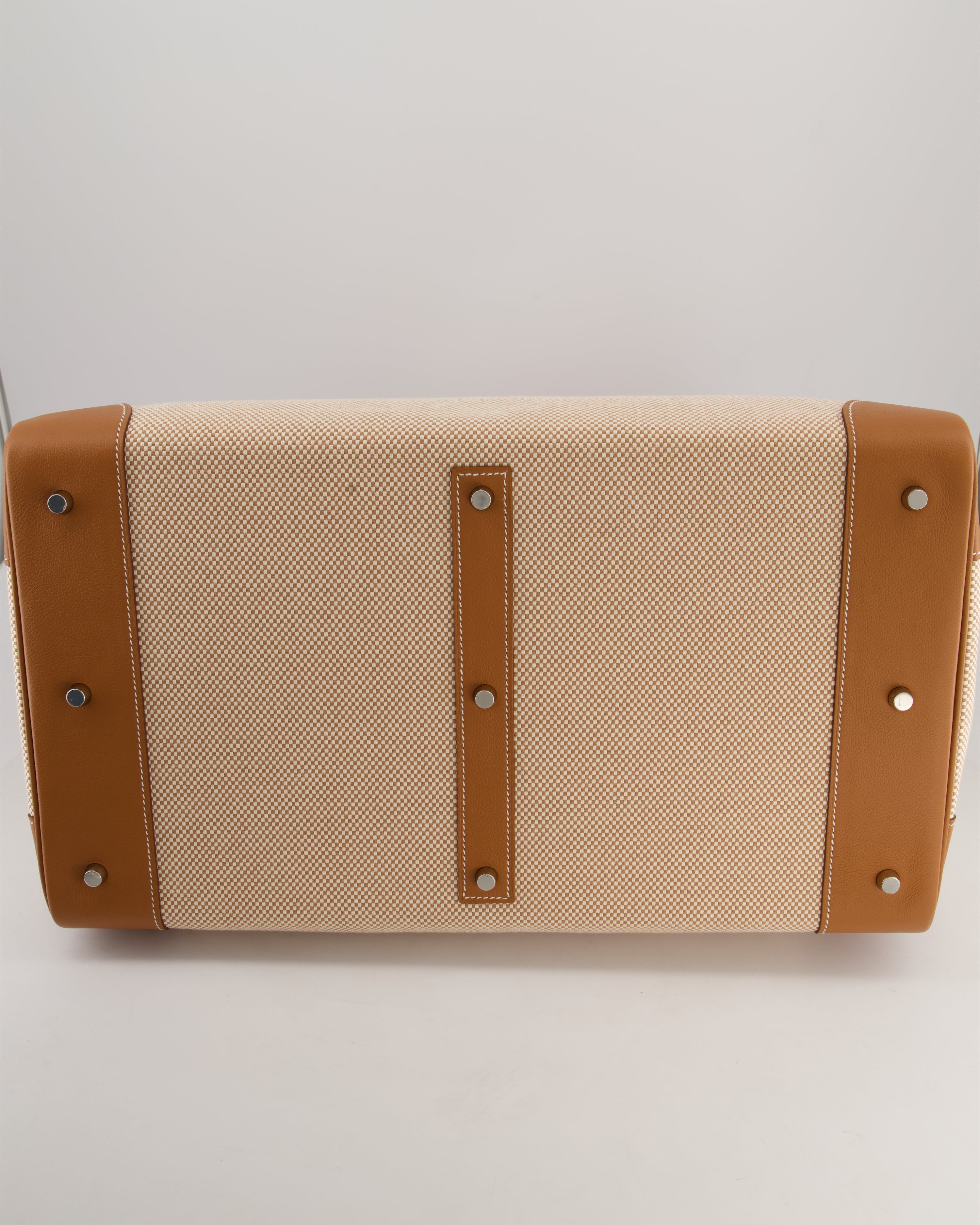 *RARE* Hermès Haut à Courroies HAC 50 Bag in Gold Evercolour Leather &  Écru/Beige Toile Cross Canvas with Palladium Hardware