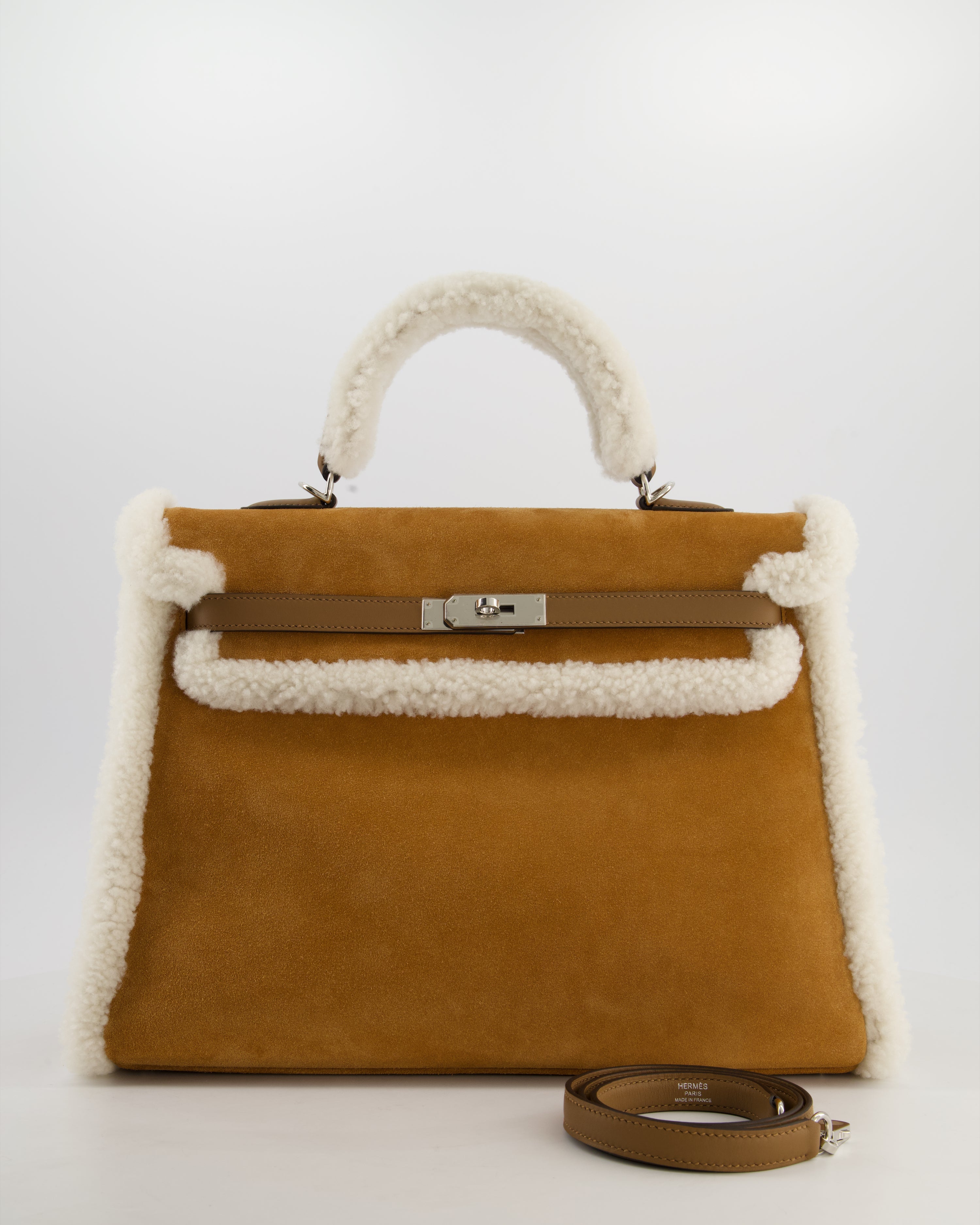 *COLLECTOR'S* Hermès Kelly 35 Teddy Plush Grizzly Bag in Alezan Swift Leather, Ecru Plush & Chamois Grizzly Suede Leather with Palladium Hardware