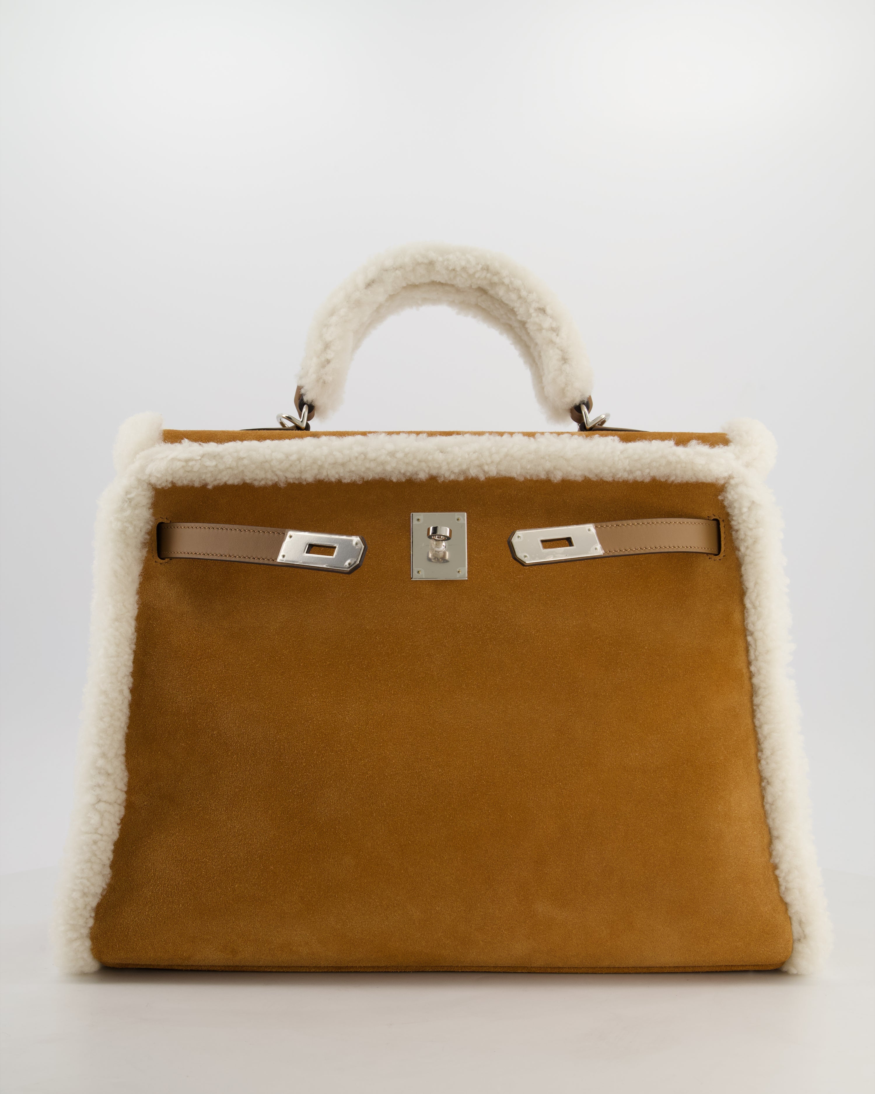*COLLECTOR'S* Hermès Kelly 35 Teddy Plush Grizzly Bag in Alezan Swift Leather, Ecru Plush & Chamois Grizzly Suede Leather with Palladium Hardware