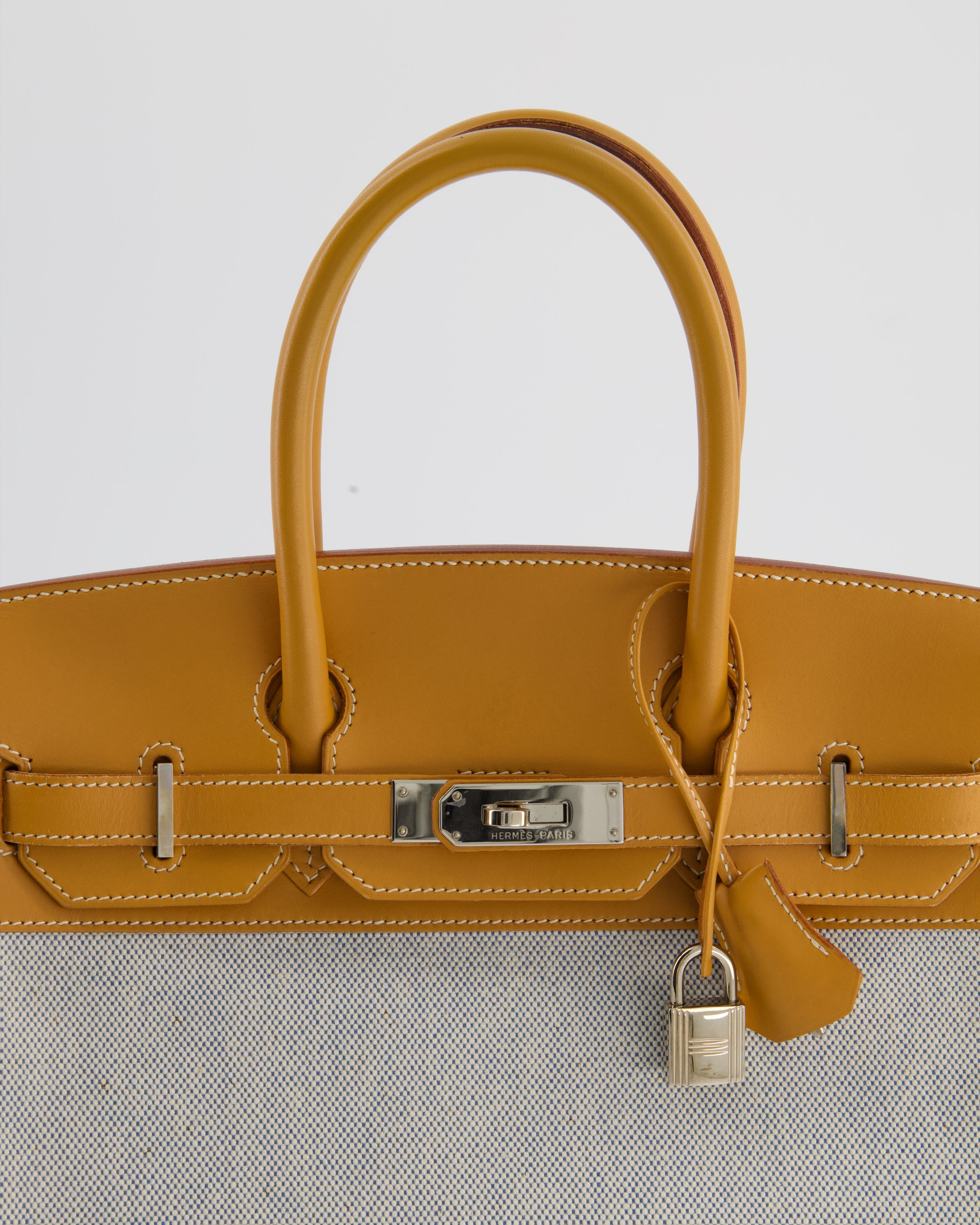 *RARE* Hermès Vintage Birkin 30 Retourne Toile Bag in Natural Sable Vache Naturelle Leather & Écru/Ciel Cross Toile Canvas with Palladium Hardware