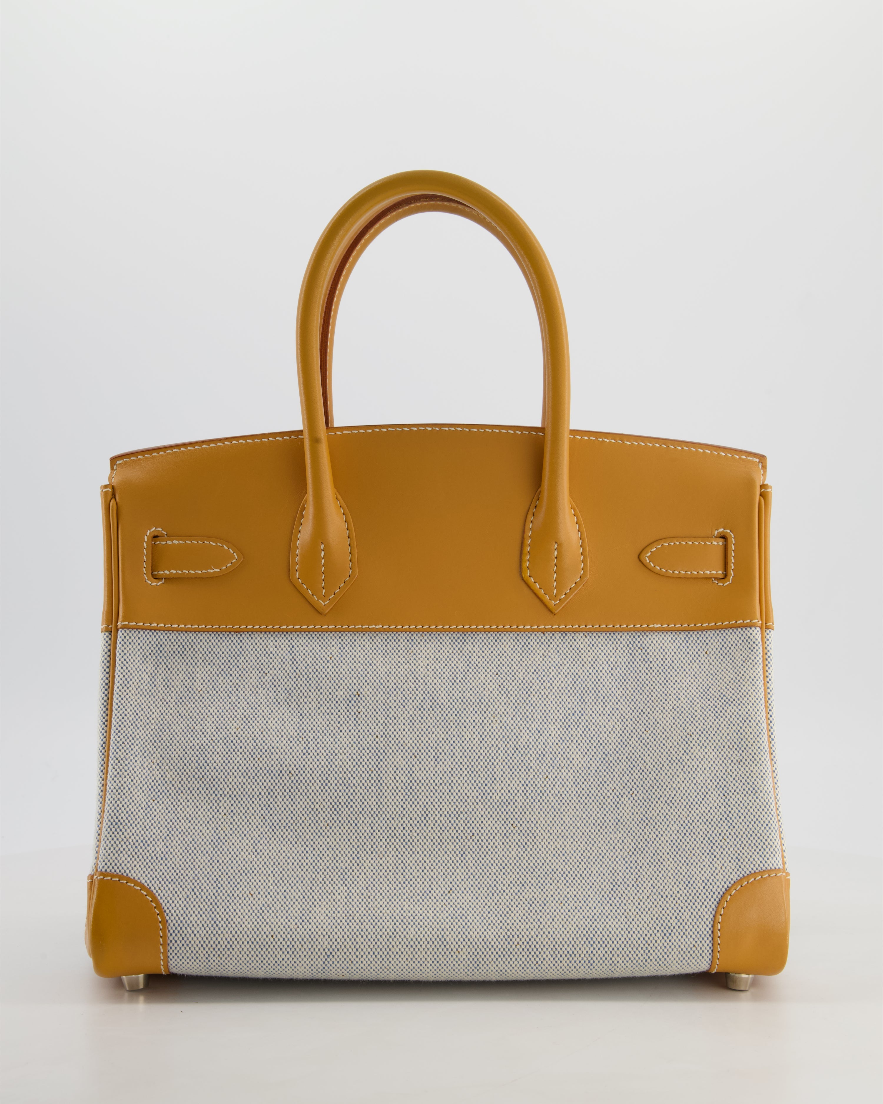 *RARE* Hermès Vintage Birkin 30 Retourne Toile Bag in Natural Sable Vache Naturelle Leather & Écru/Ciel Cross Toile Canvas with Palladium Hardware