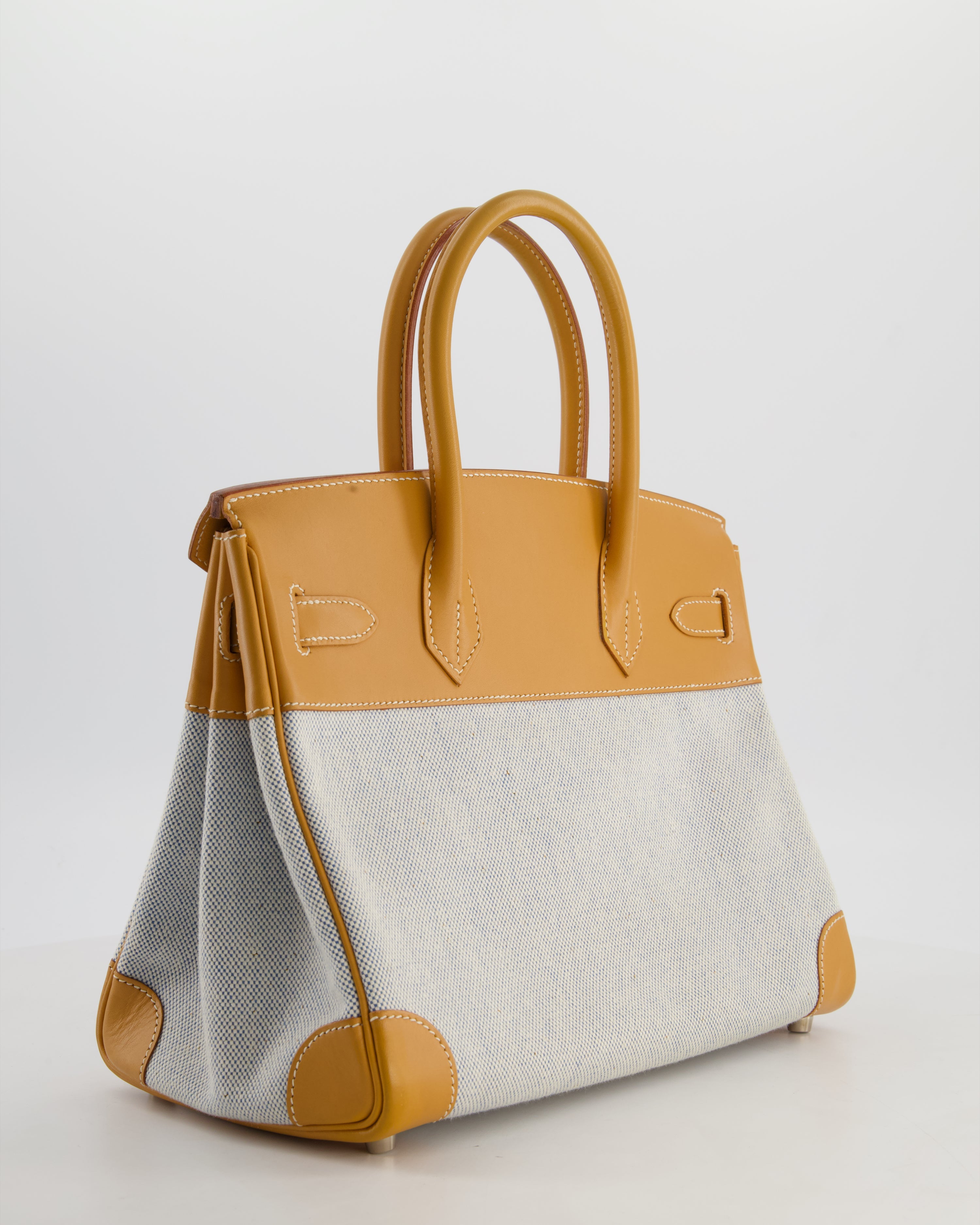 *RARE* Hermès Vintage Birkin 30 Retourne Toile Bag in Natural Sable Vache Naturelle Leather & Écru/Ciel Cross Toile Canvas with Palladium Hardware