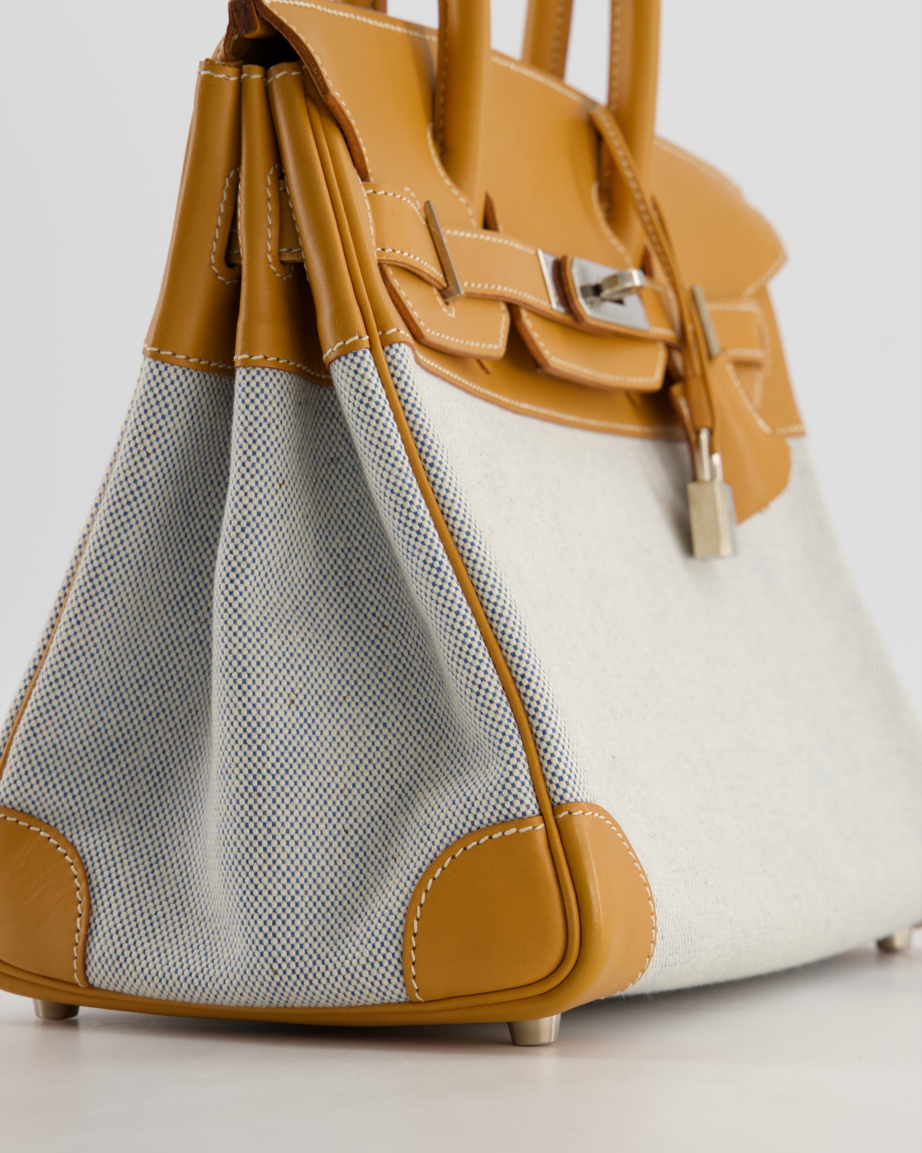 *RARE* Hermès Vintage Birkin 30 Retourne Toile Bag in Natural Sable Vache Naturelle Leather & Écru/Ciel Cross Toile Canvas with Palladium Hardware