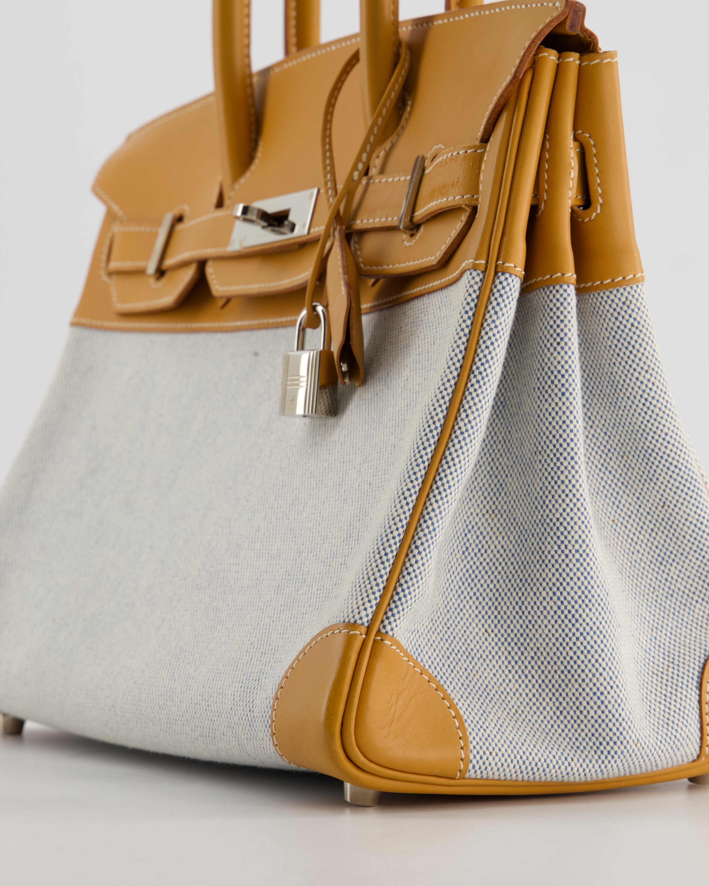*RARE* Hermès Vintage Birkin 30 Retourne Toile Bag in Natural Sable Vache Naturelle Leather & Écru/Ciel Cross Toile Canvas with Palladium Hardware