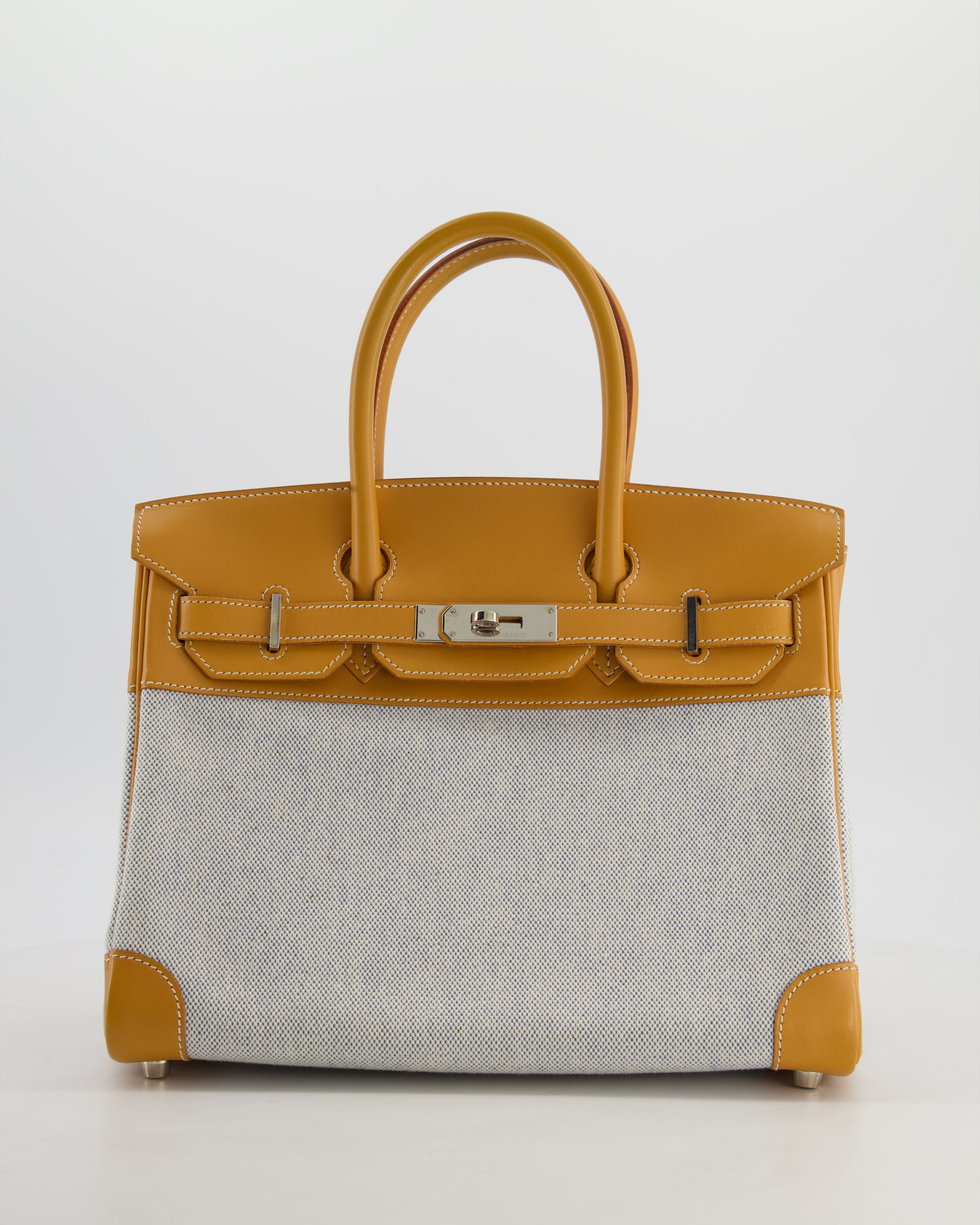*RARE* Hermès Vintage Birkin 30 Retourne Toile Bag in Natural Sable Vache Naturelle Leather & Écru/Ciel Cross Toile Canvas with Palladium Hardware