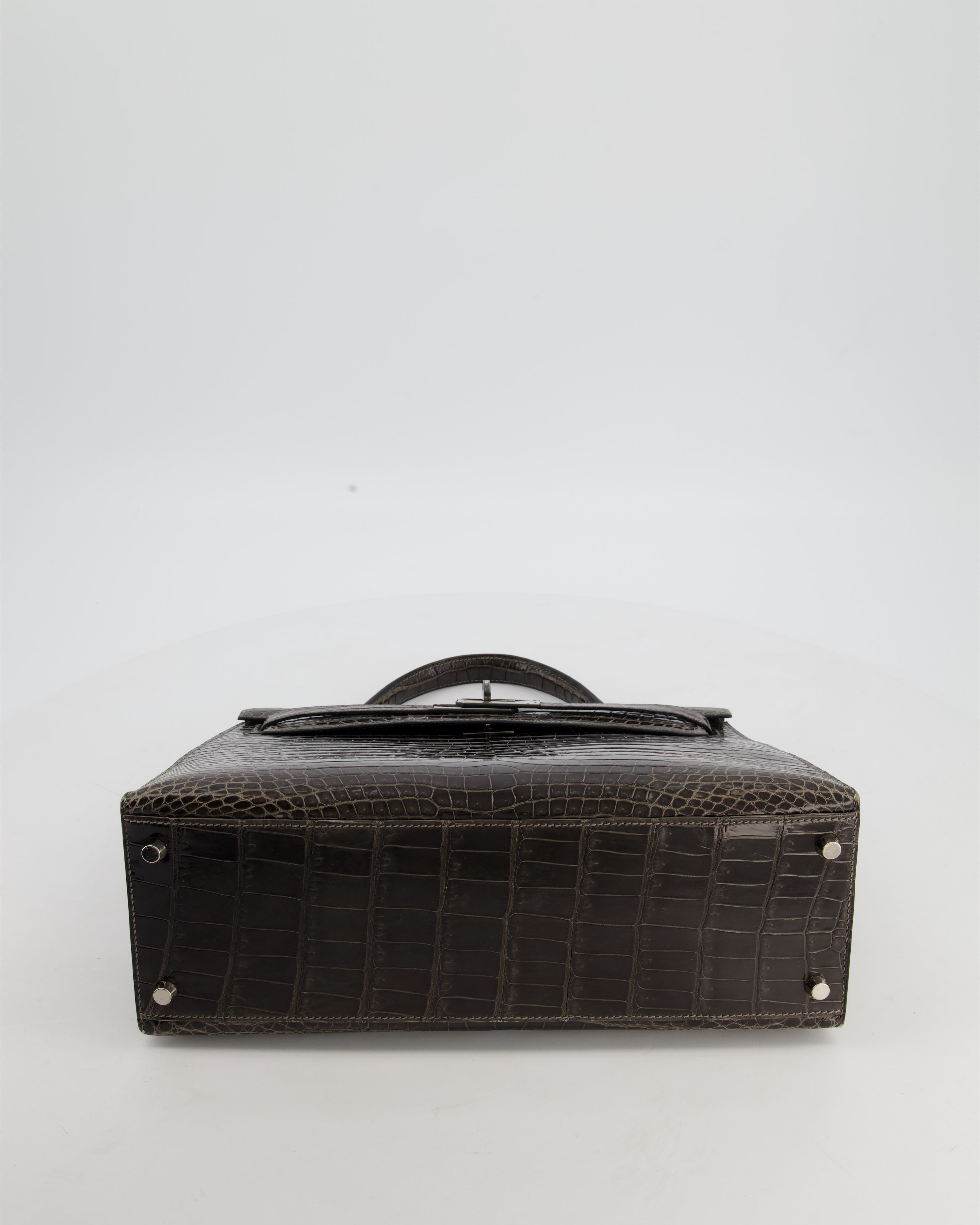 Hermès Vintage Kelly 32 Sellier Bag in Graphite Shiny Porosus Crocodile Leather with Palladium Hardware