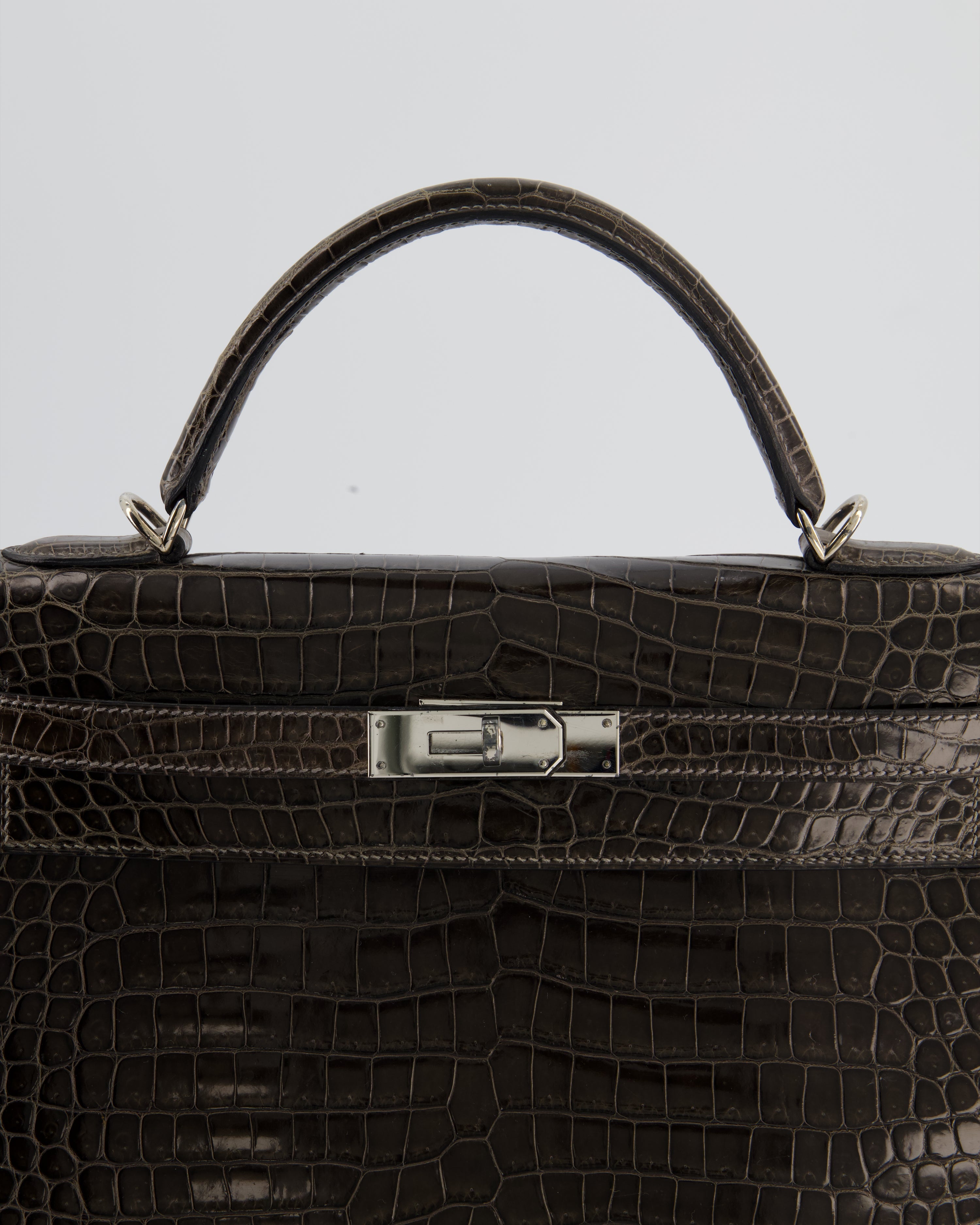 Hermès Vintage Kelly 32 Sellier Bag in Graphite Shiny Porosus Crocodile Leather with Palladium Hardware