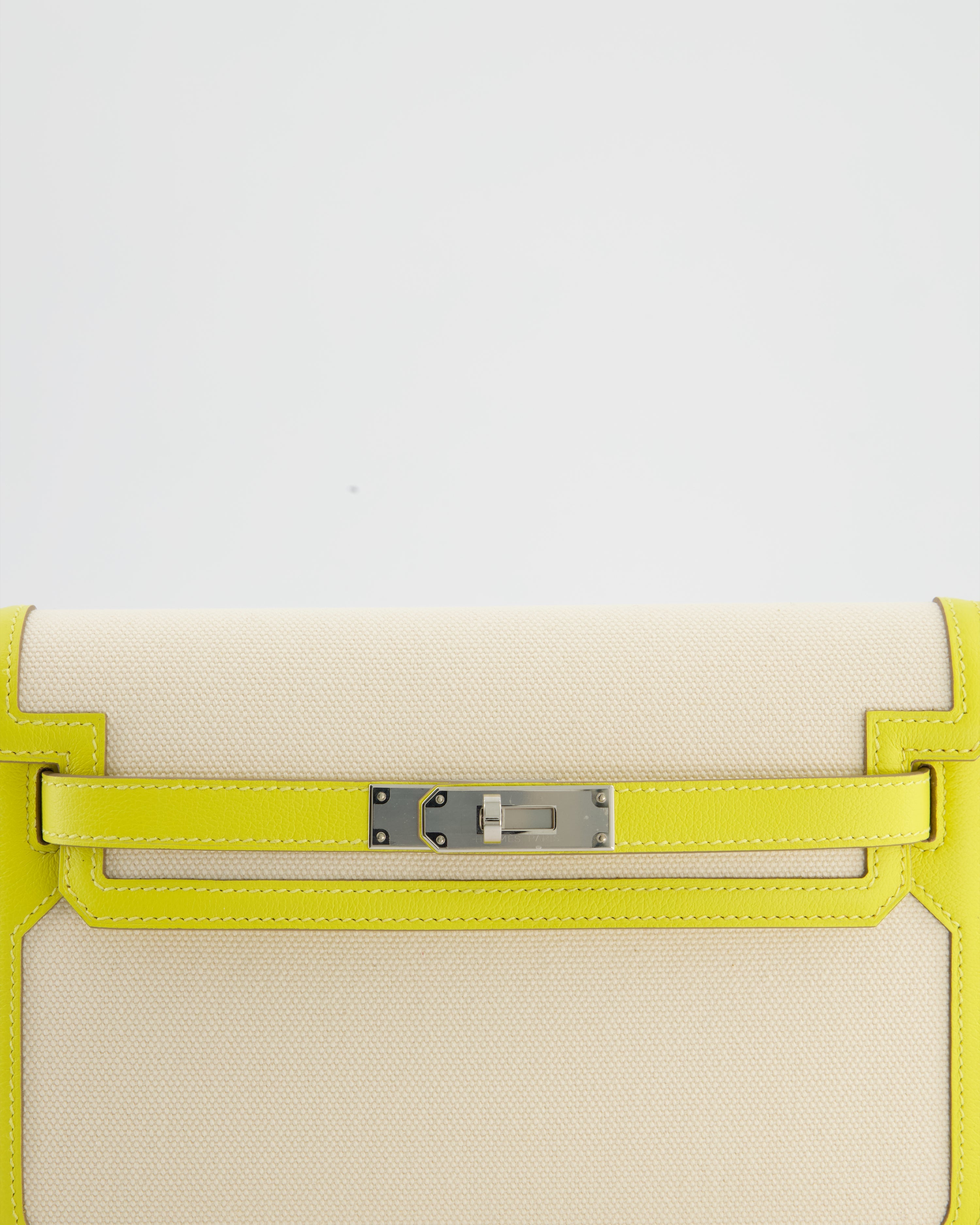 Hermès Kelly Depeches 25 Verso Bag in Ecru Canvas and Jaune Citron Chèvre with Palladium Hardware