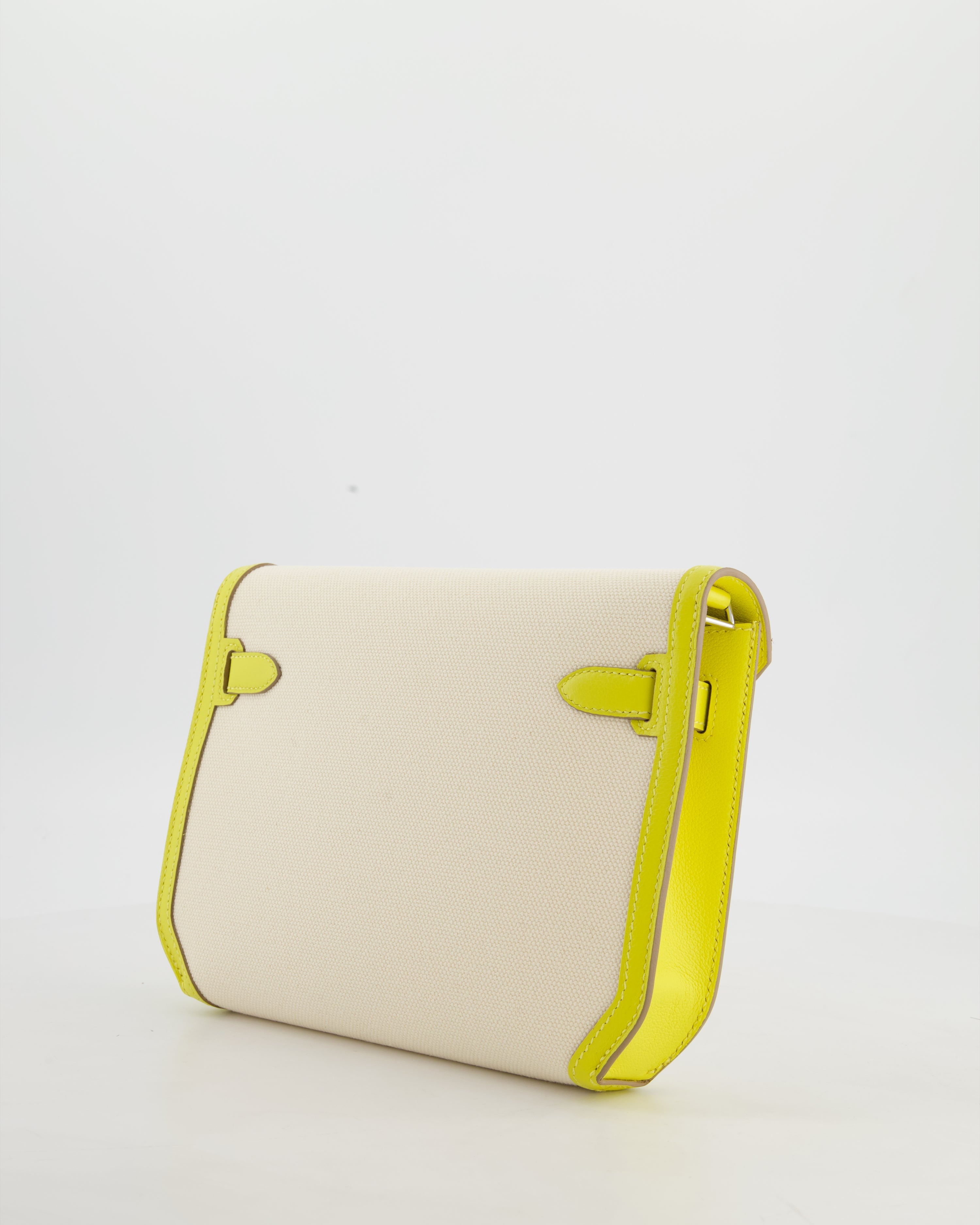 Hermès Kelly Depeches 25 Verso Bag in Ecru Canvas and Jaune Citron Chèvre with Palladium Hardware