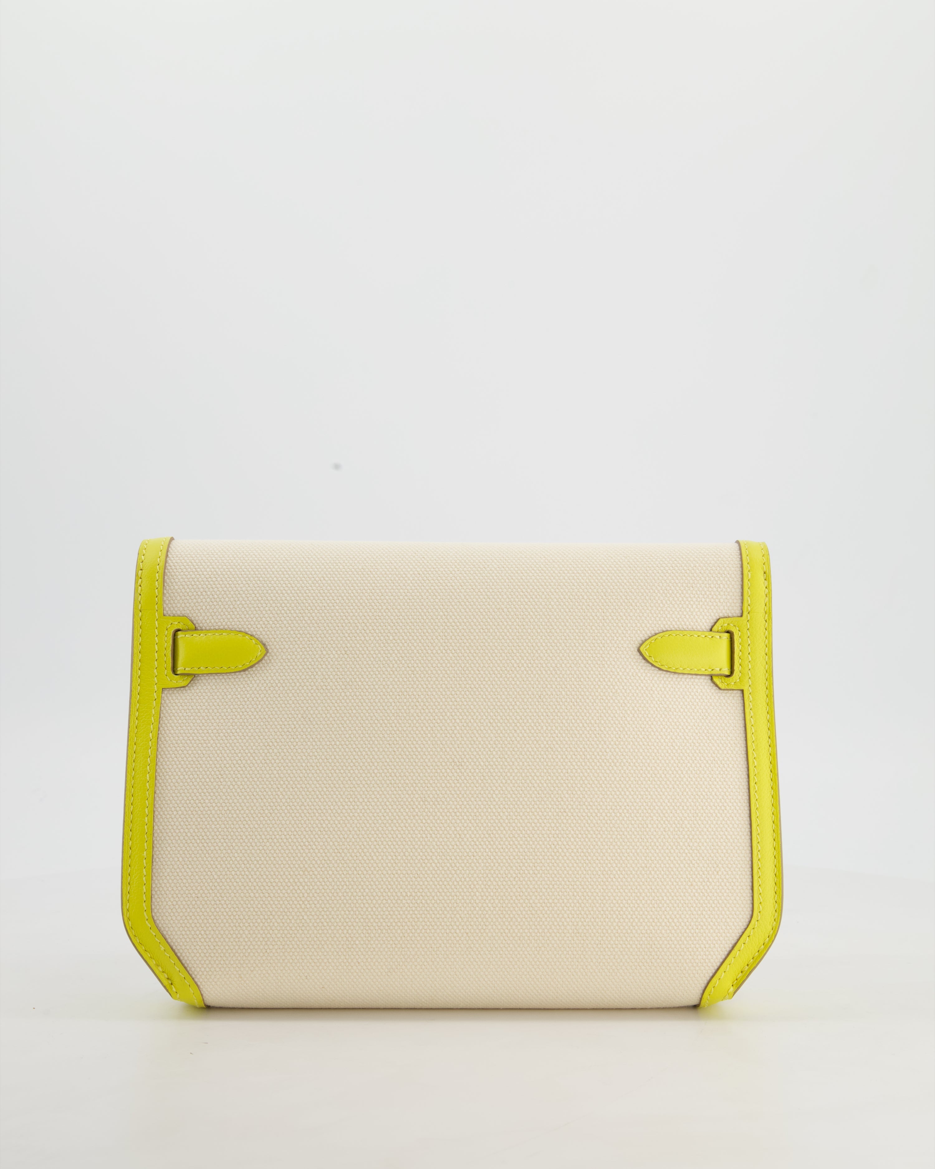 Hermès Kelly Depeches 25 Verso Bag in Ecru Canvas and Jaune Citron Chèvre with Palladium Hardware