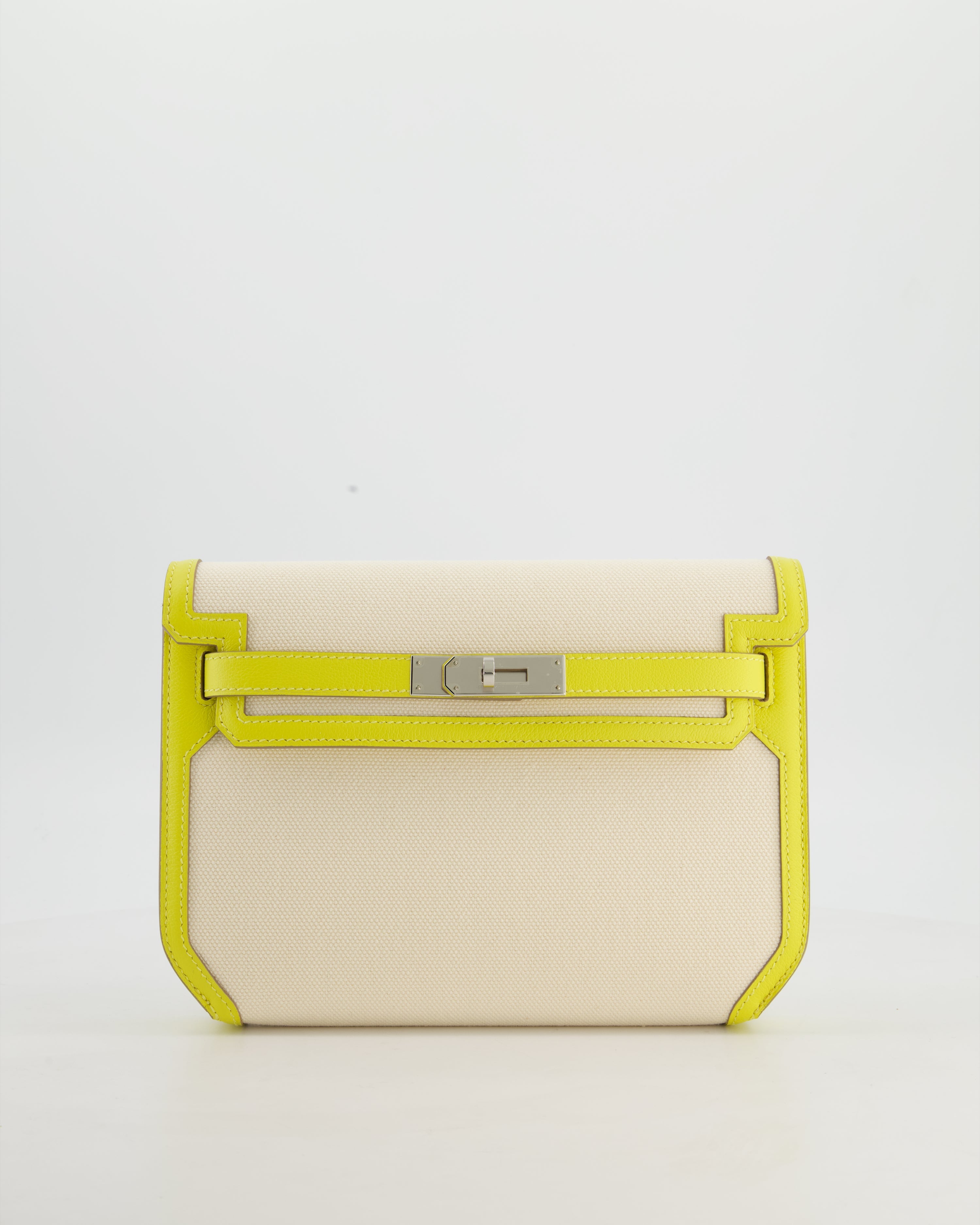Hermès Kelly Depeches 25 Verso Bag in Ecru Canvas and Jaune Citron Chèvre with Palladium Hardware