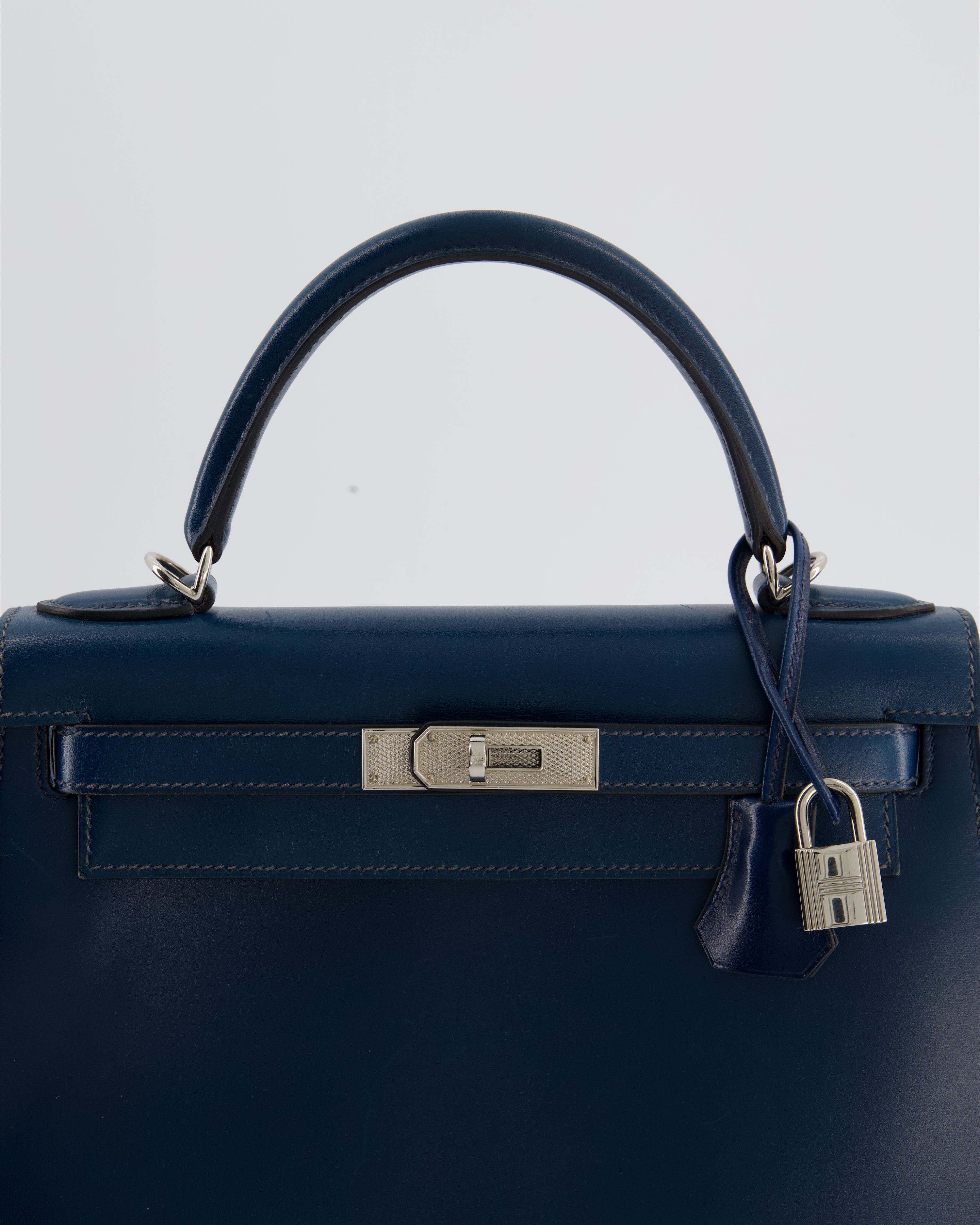 *VERY RARE* Hermès Kelly 28 Sellier Bag in Bleu De Prusse Box Calf Leather with Guilloche Palladium Hardware