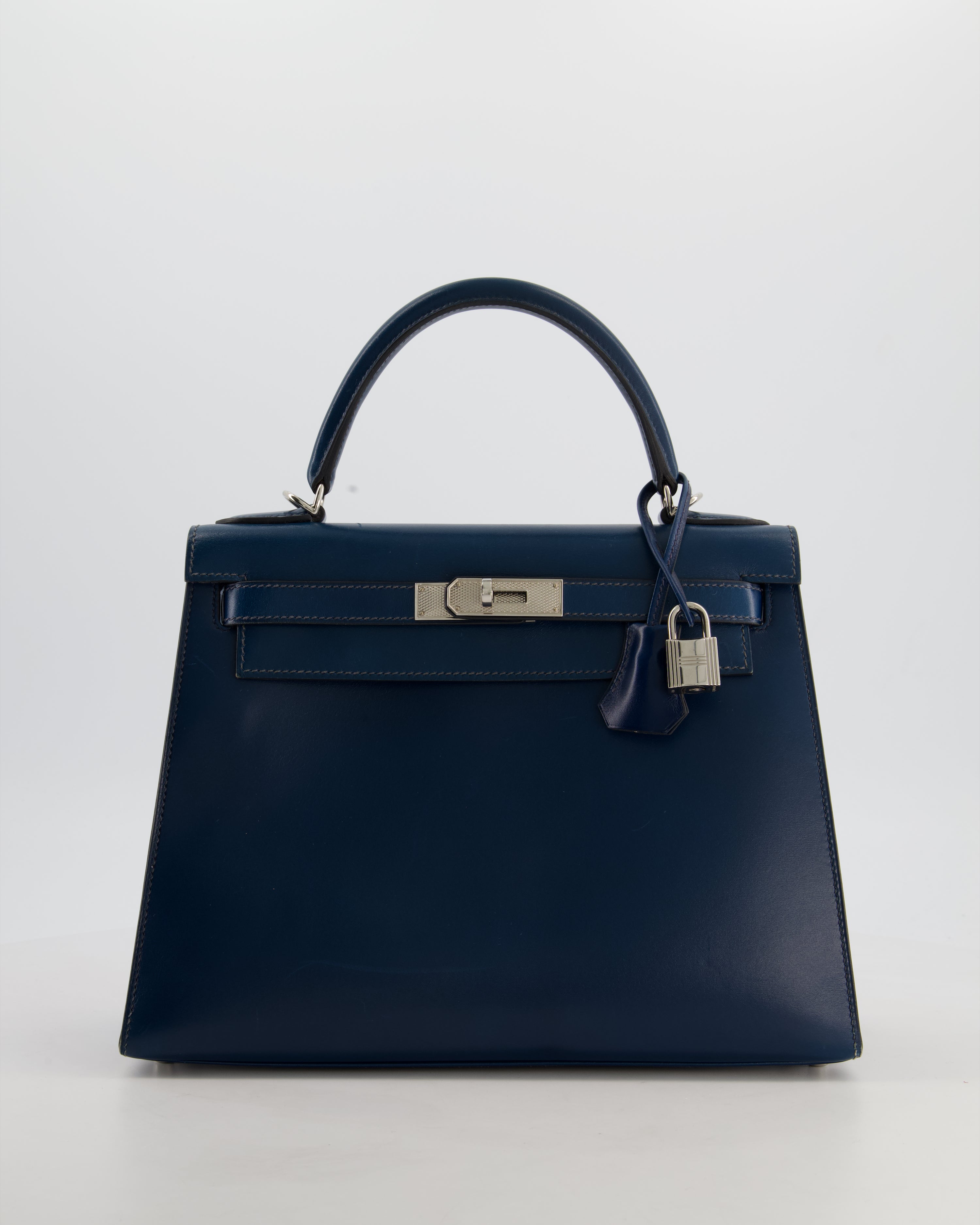 *VERY RARE* Hermès Kelly 28 Sellier Bag in Bleu De Prusse Box Calf Leather with Guilloche Palladium Hardware