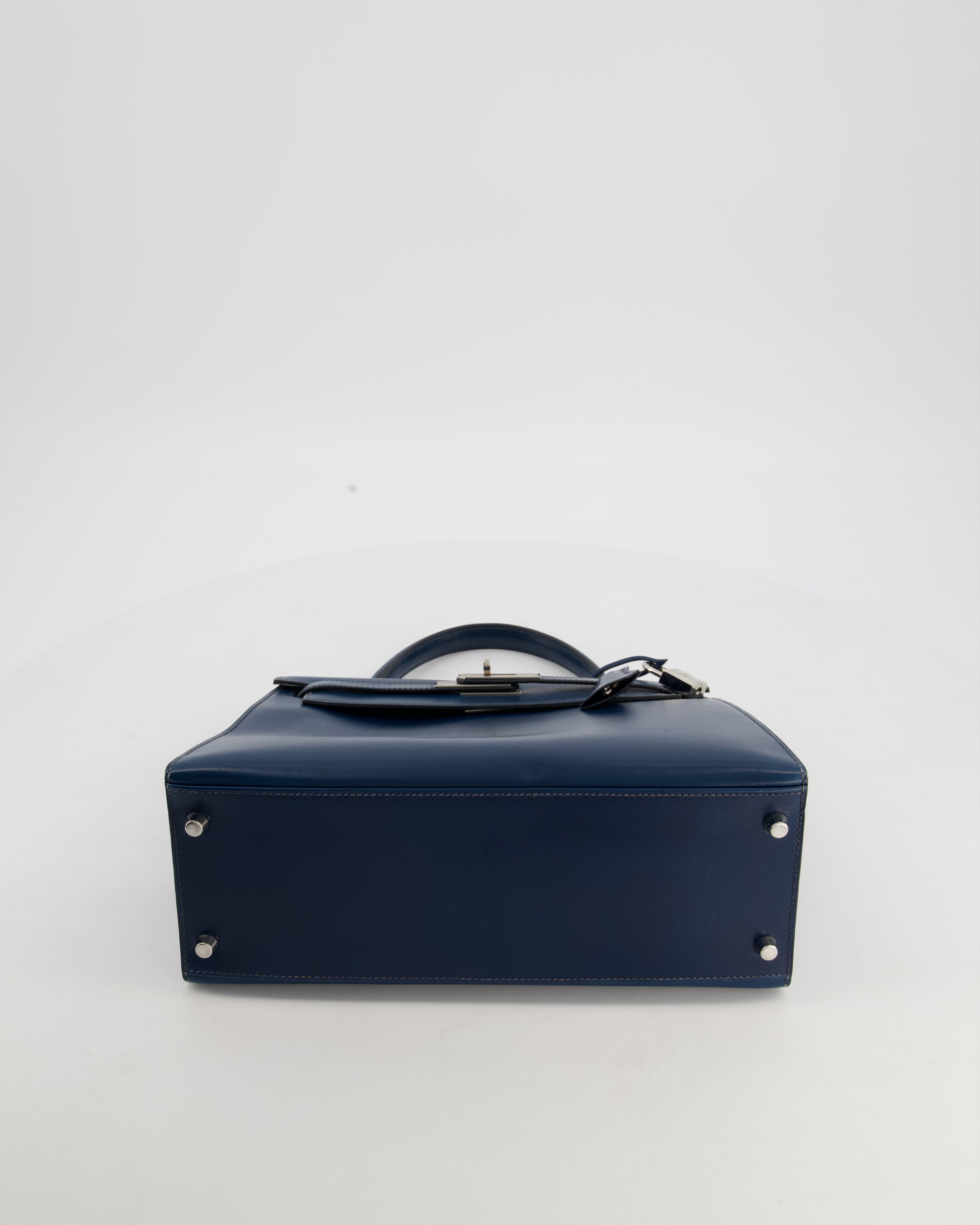 *VERY RARE* Hermès Kelly 28 Sellier Bag in Bleu De Prusse Box Calf Leather with Guilloche Palladium Hardware