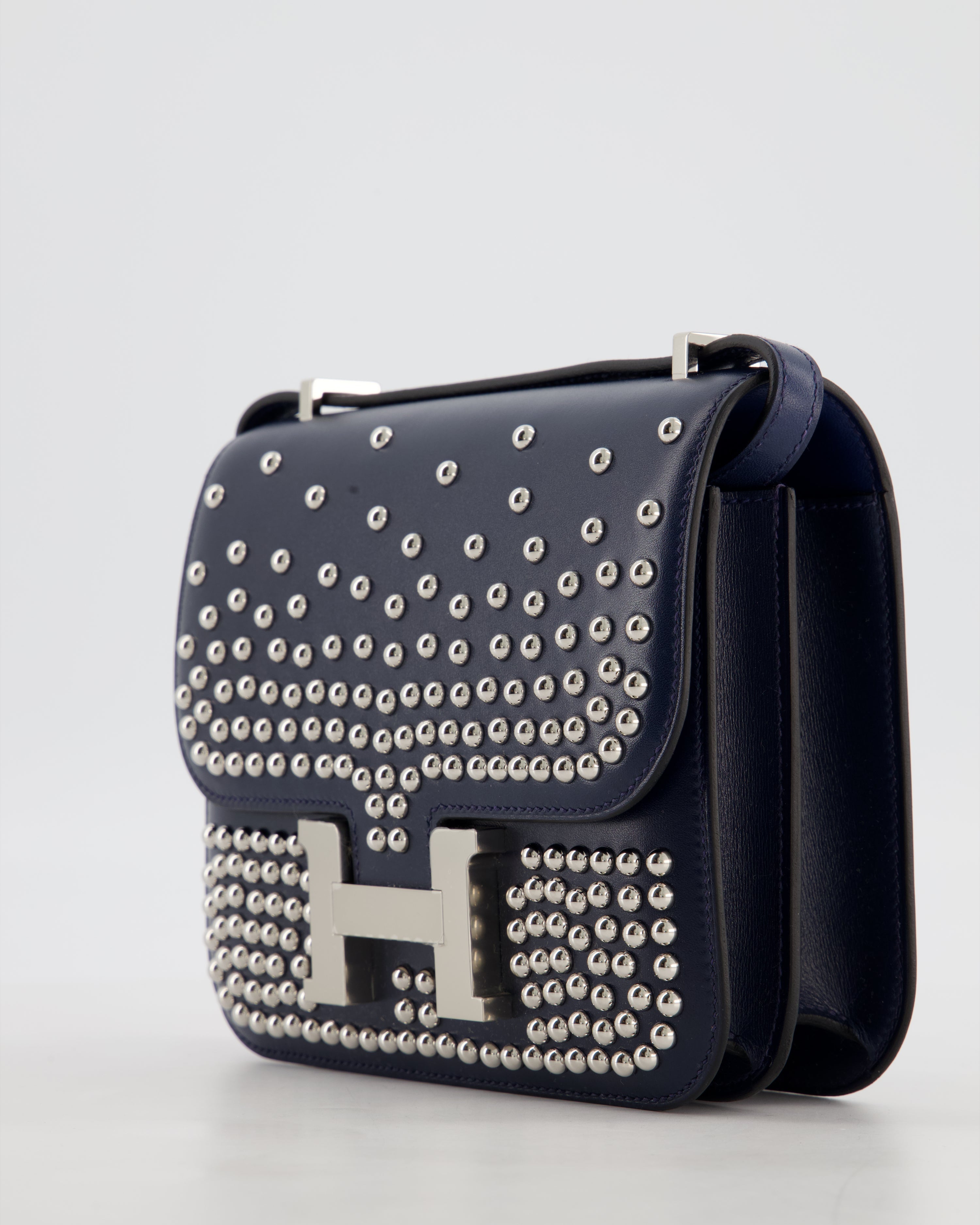 *LIMITED EDITION* Hermès Mini Constance Clouté III Miroir 18 Bag in Bleu Abysse Calfskin Box Leather with Palladium Hardware