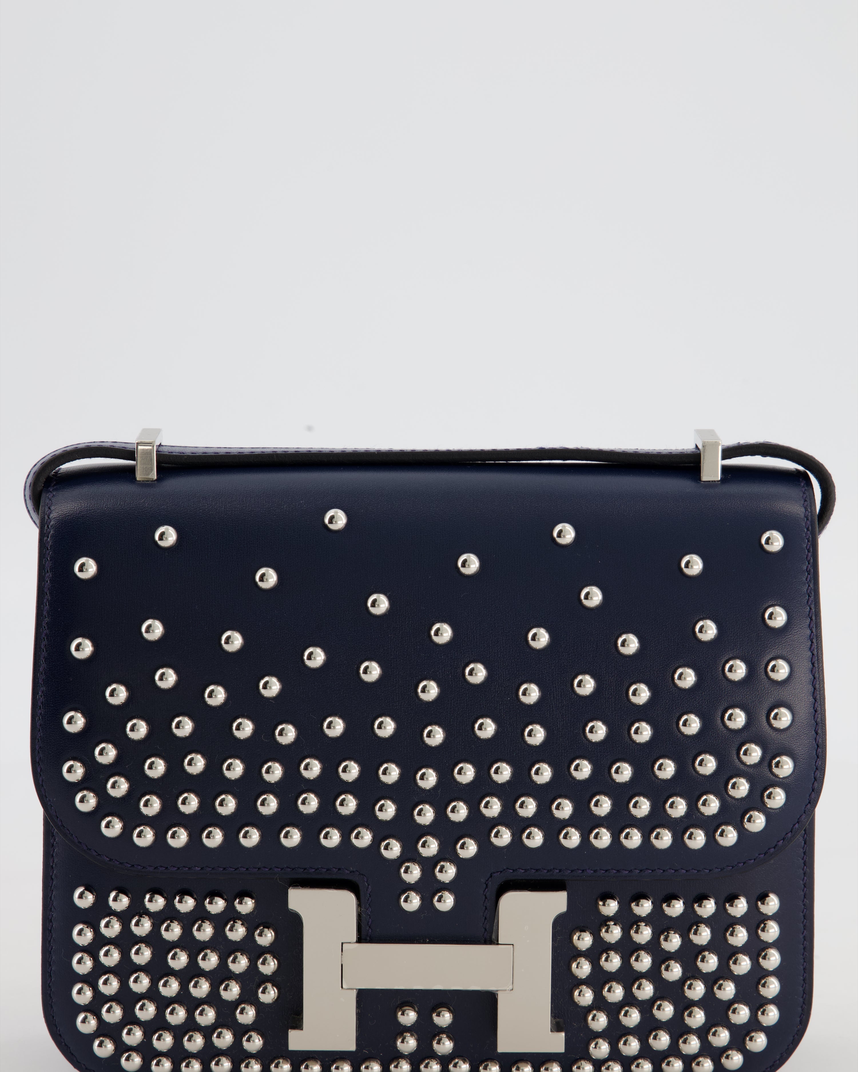*LIMITED EDITION* Hermès Mini Constance Clouté III Miroir 18 Bag in Bleu Abysse Calfskin Box Leather with Palladium Hardware