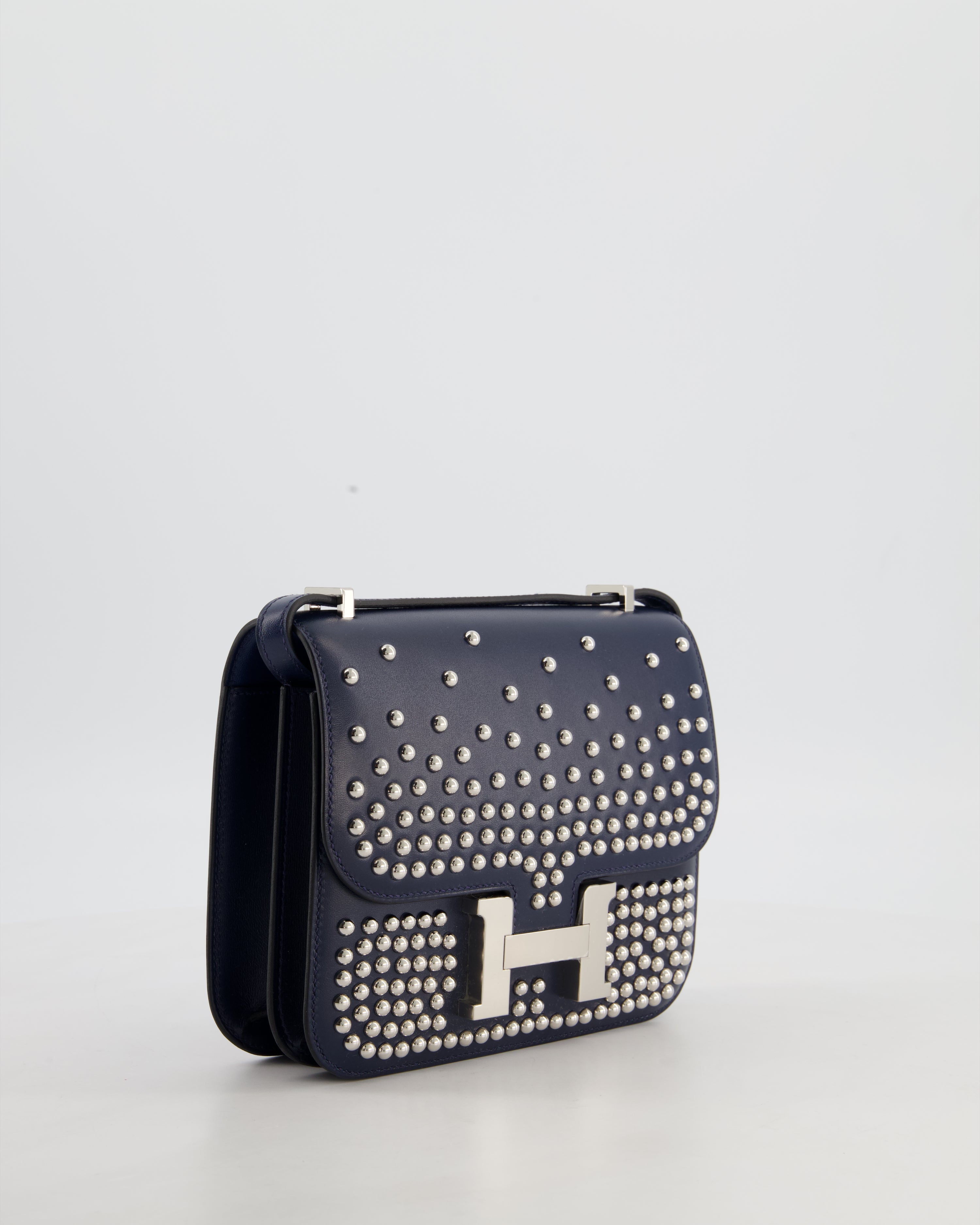 *LIMITED EDITION* Hermès Mini Constance Clouté III Miroir 18 Bag in Bleu Abysse Calfskin Box Leather with Palladium Hardware
