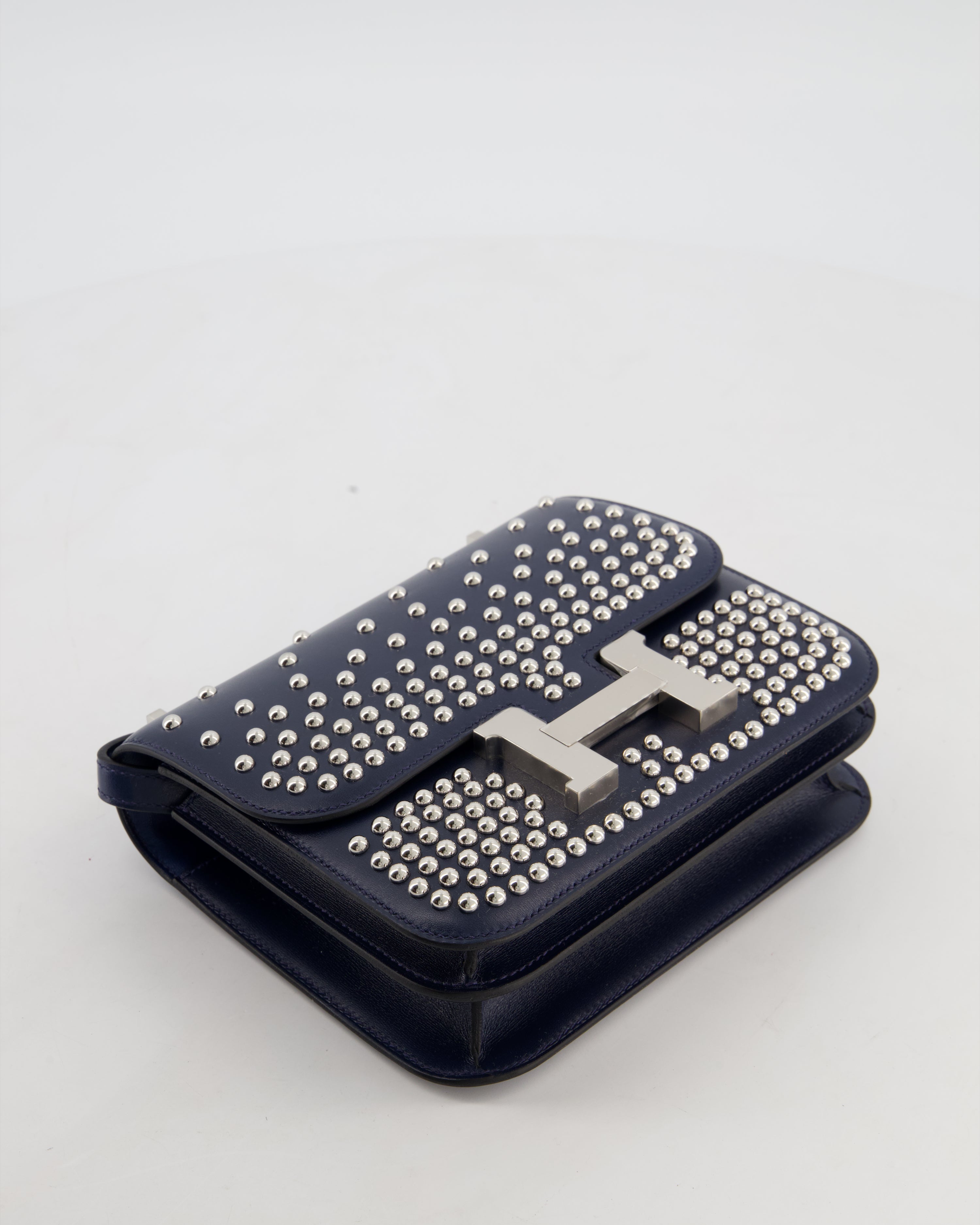*LIMITED EDITION* Hermès Mini Constance Clouté III Miroir 18 Bag in Bleu Abysse Calfskin Box Leather with Palladium Hardware