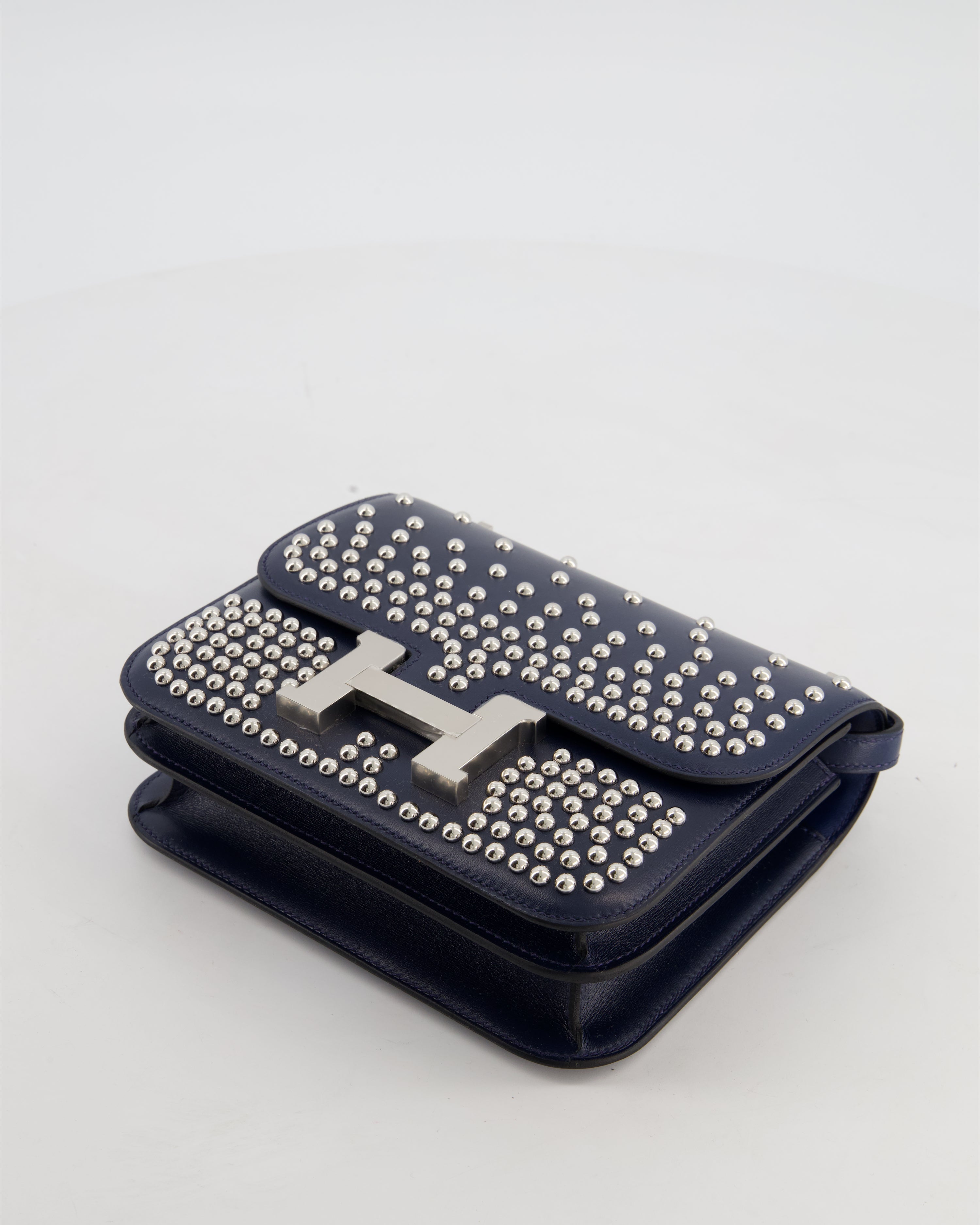 *LIMITED EDITION* Hermès Mini Constance Clouté III Miroir 18 Bag in Bleu Abysse Calfskin Box Leather with Palladium Hardware