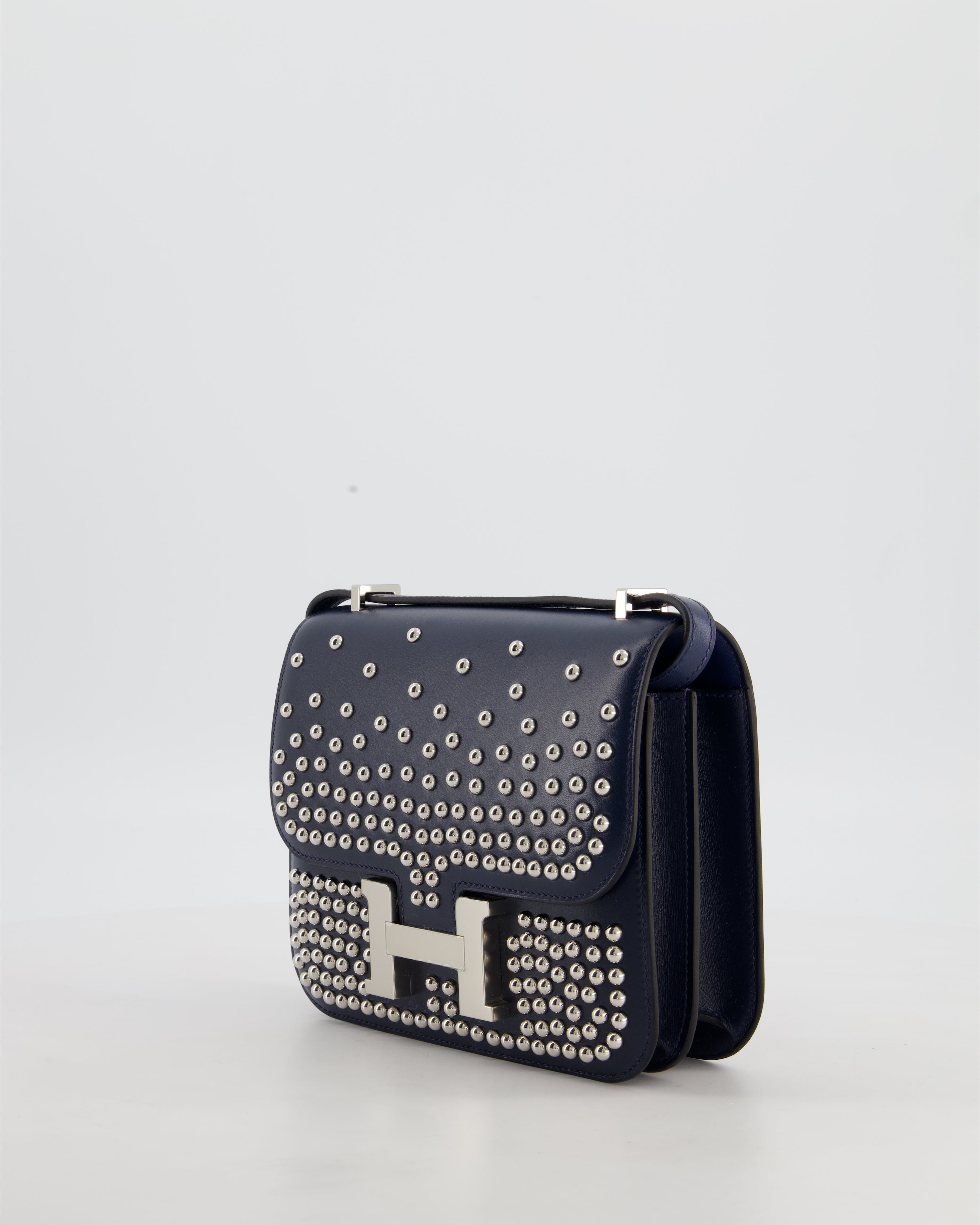 *LIMITED EDITION* Hermès Mini Constance Clouté III Miroir 18 Bag in Bleu Abysse Calfskin Box Leather with Palladium Hardware