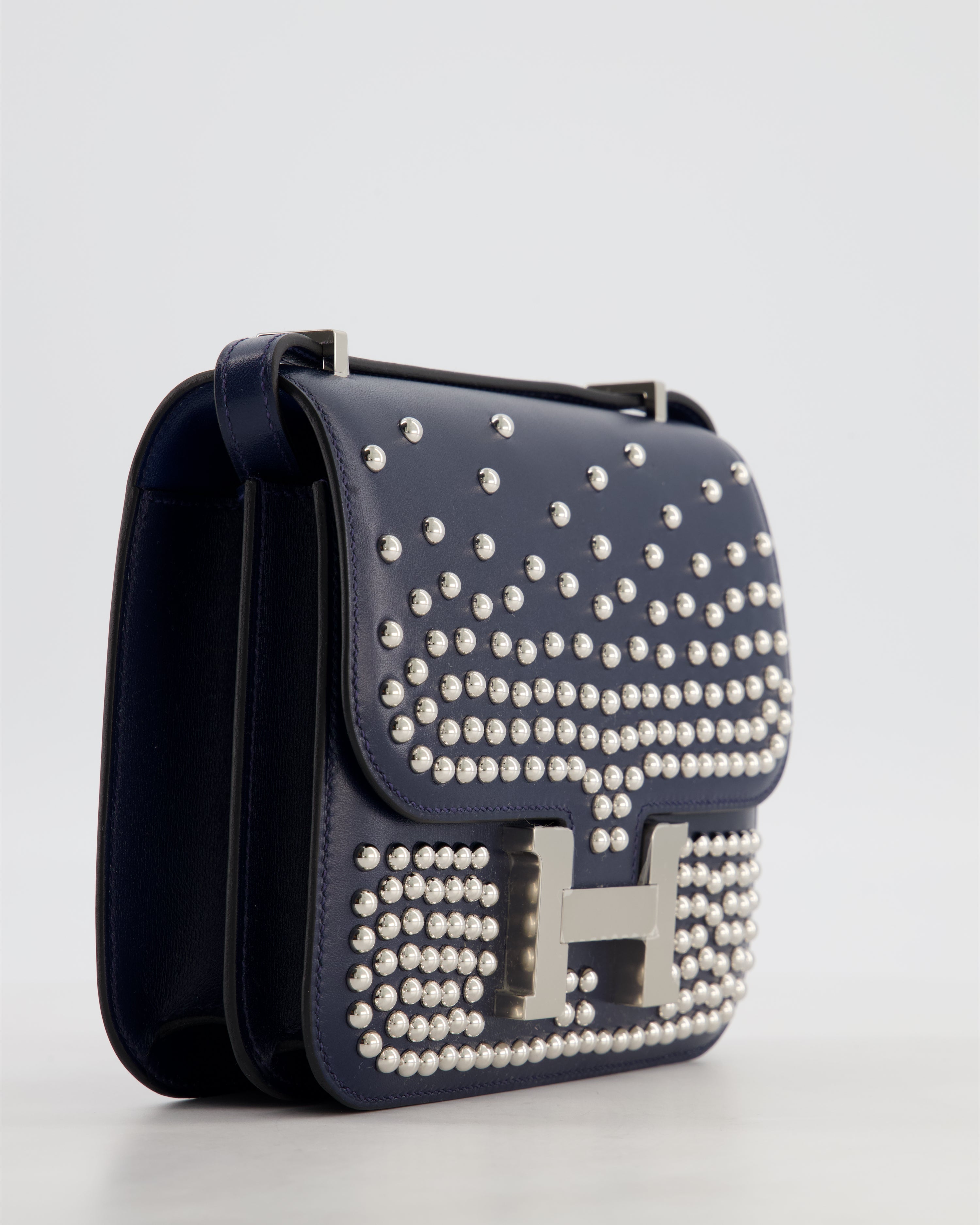 *LIMITED EDITION* Hermès Mini Constance Clouté III Miroir 18 Bag in Bleu Abysse Calfskin Box Leather with Palladium Hardware