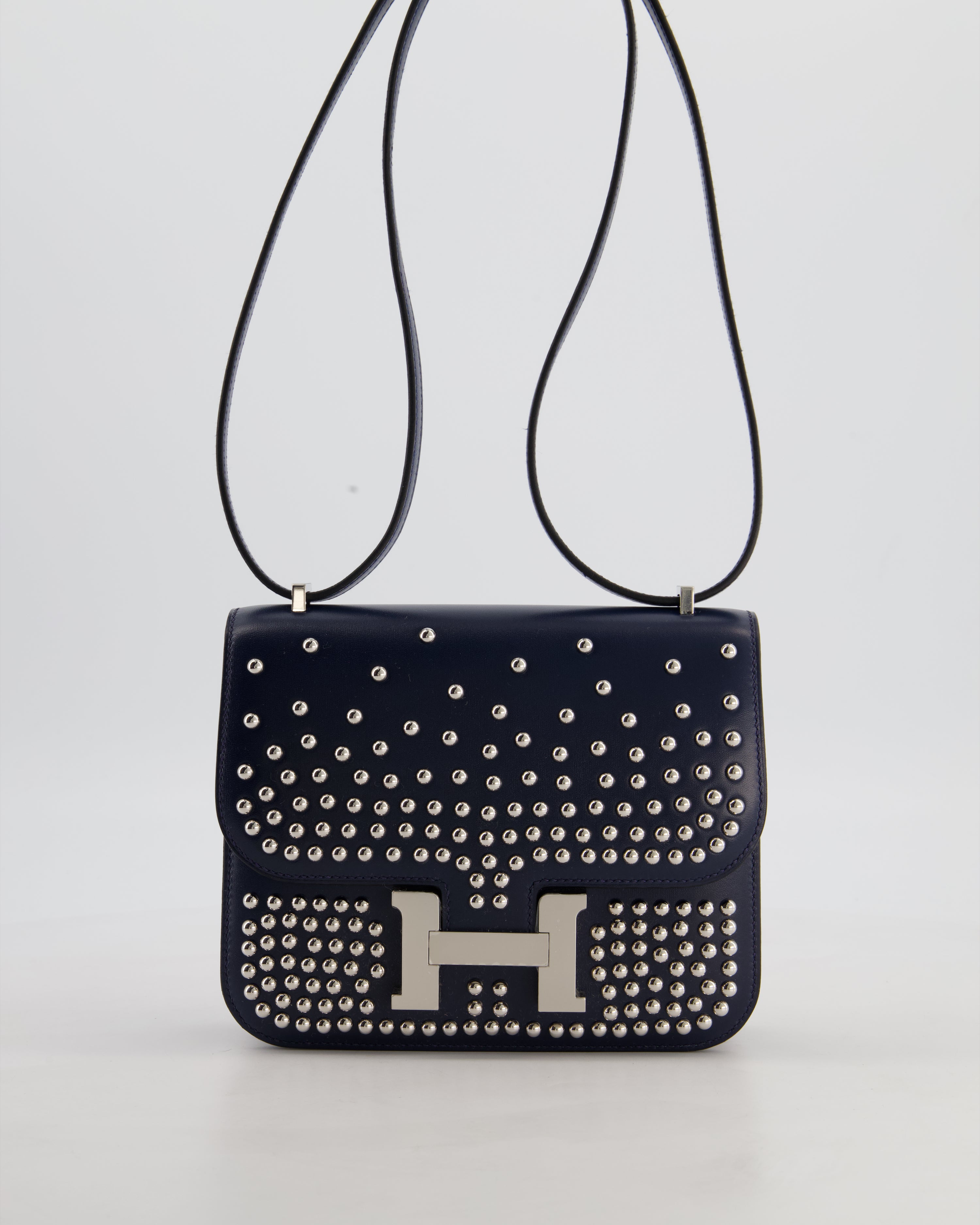 *LIMITED EDITION* Hermès Mini Constance Clouté III Miroir 18 Bag in Bleu Abysse Calfskin Box Leather with Palladium Hardware