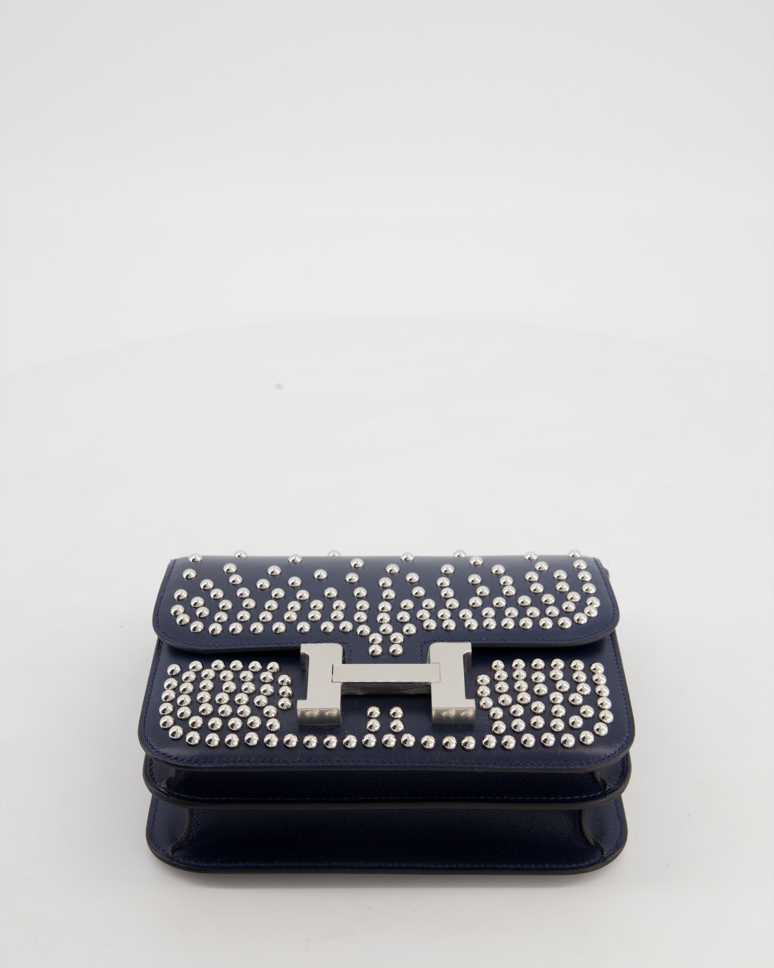 *LIMITED EDITION* Hermès Mini Constance Clouté III Miroir 18 Bag in Bleu Abysse Calfskin Box Leather with Palladium Hardware