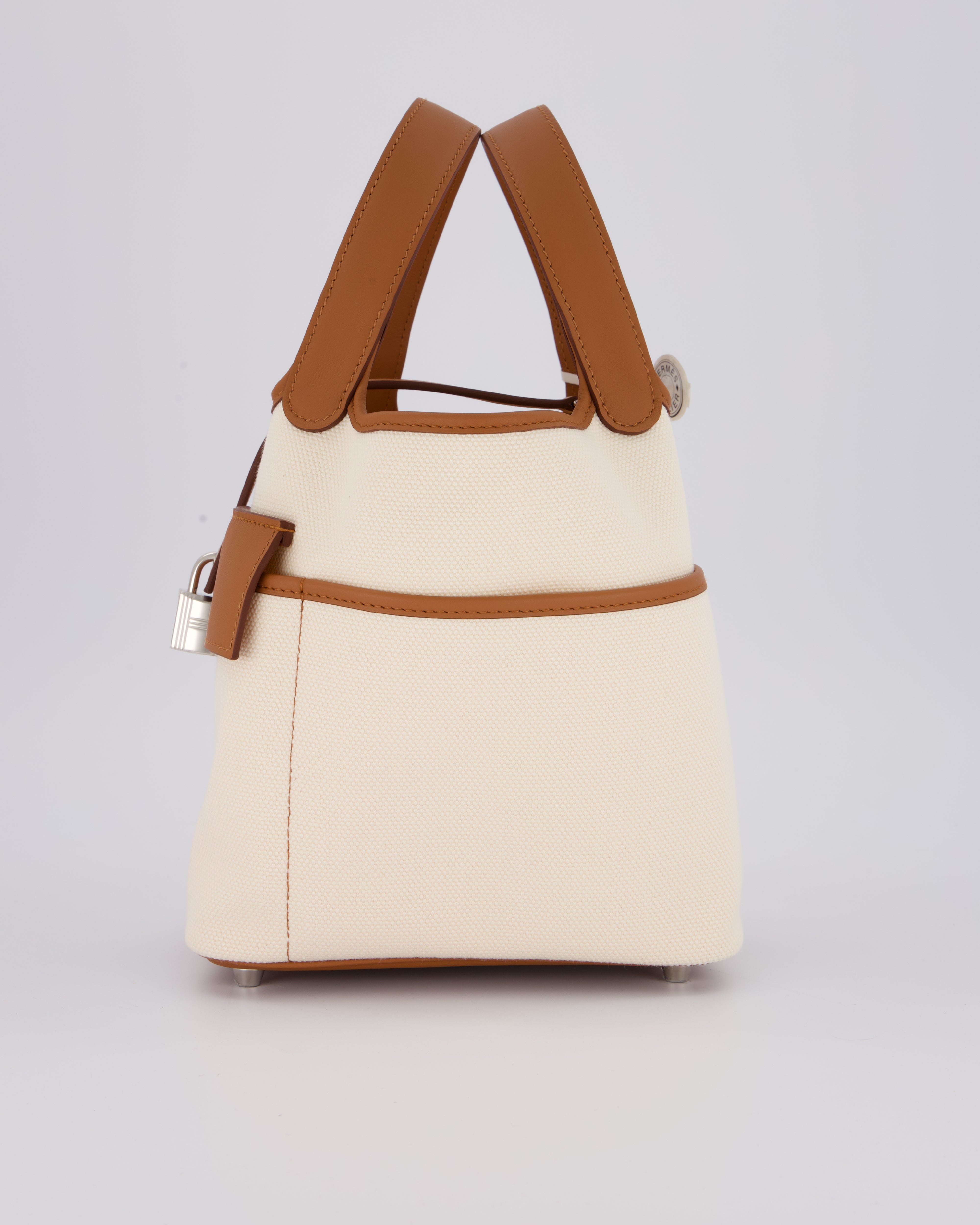 *HOT* Hermès Picotin 18 Lock Cargo Bag in Ecru Canvas & Gold Swift Leather with Palladium Hardware