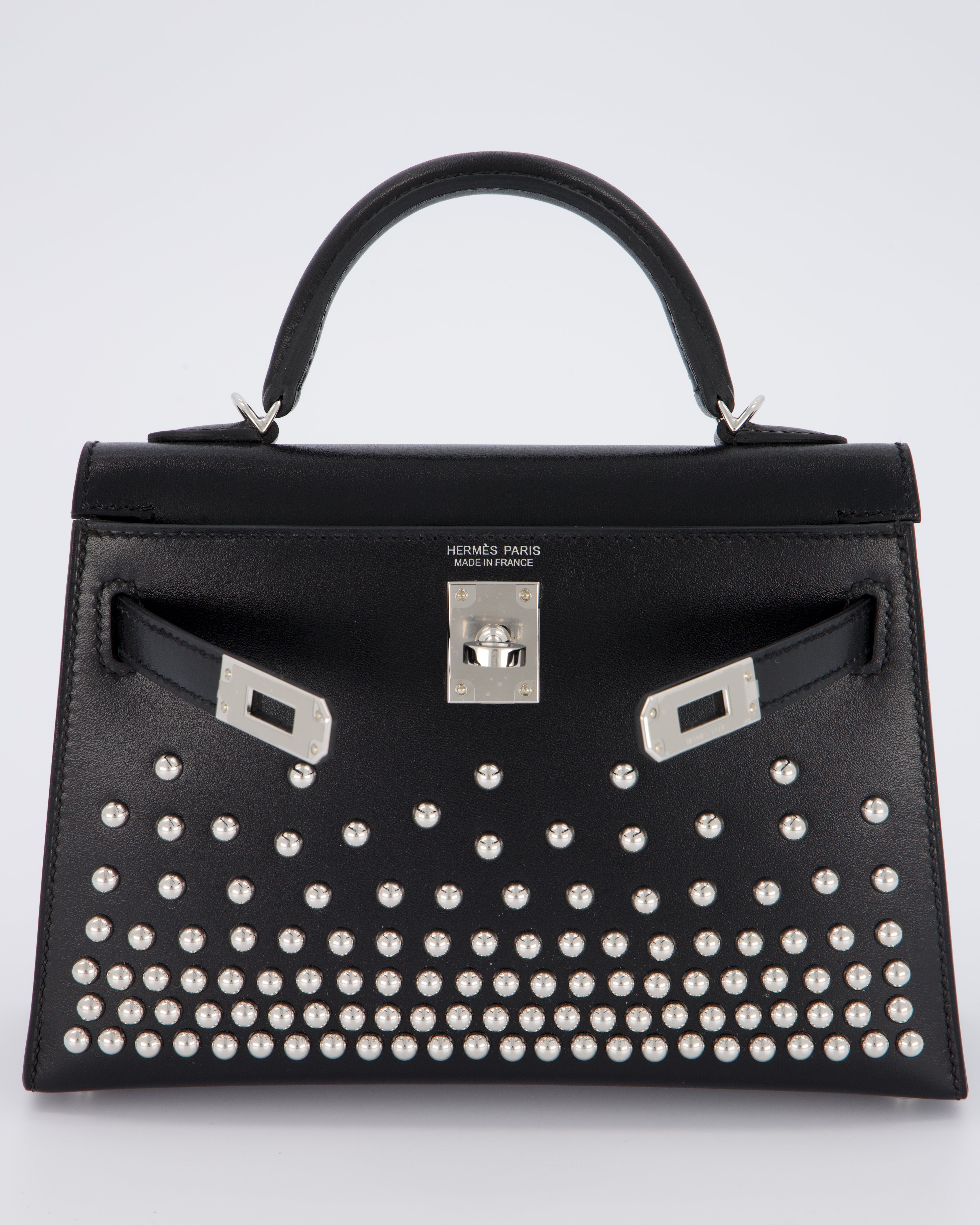 *SUPER RARE & HOT* Hermès Mini Kelly II 20 Clouté Bag in Noir Box Calf Leather with Palladium Hardware &amp; Studs