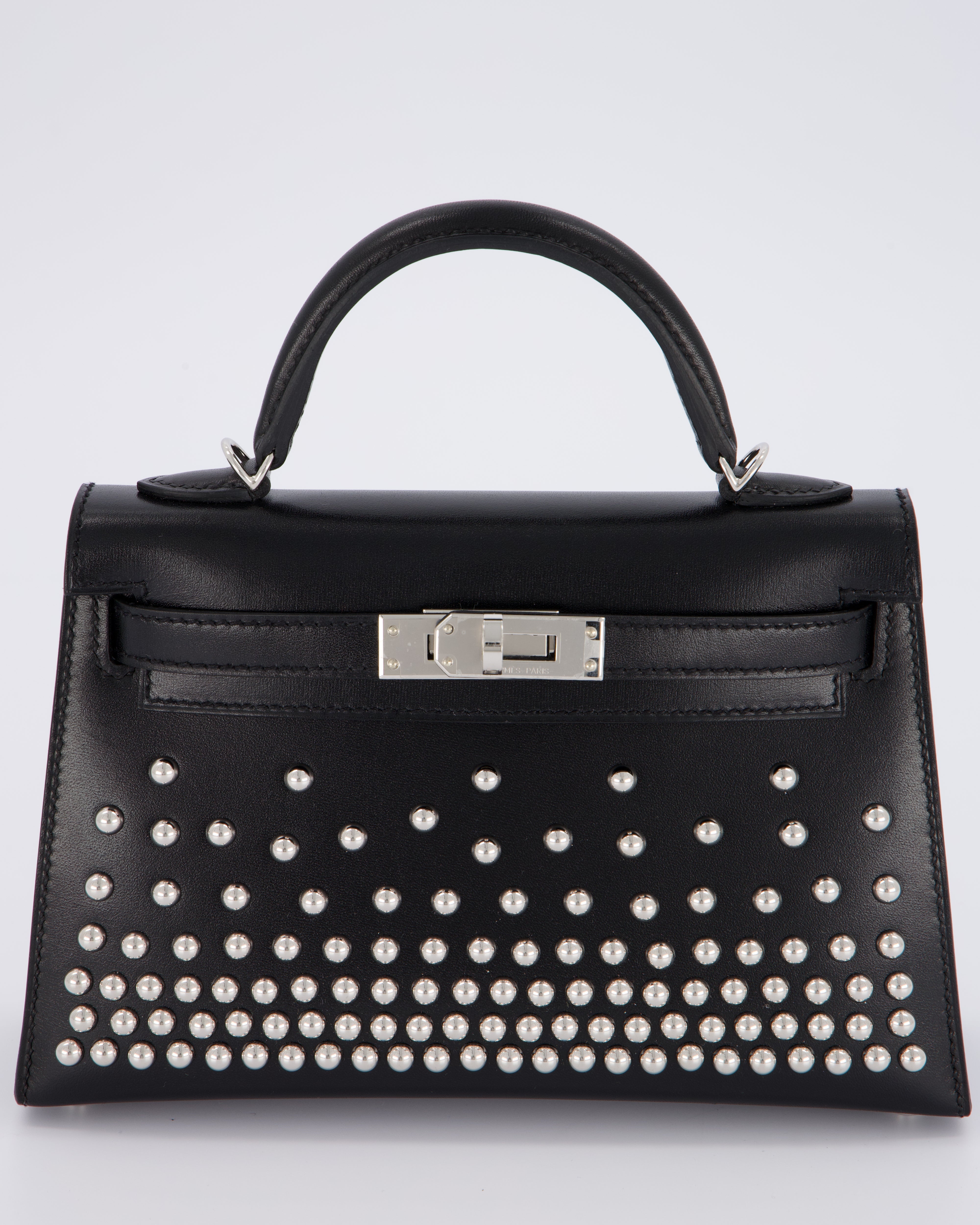 *SUPER RARE & HOT* Hermès Mini Kelly II 20 Clouté Bag in Noir Box Calf Leather with Palladium Hardware &amp; Studs