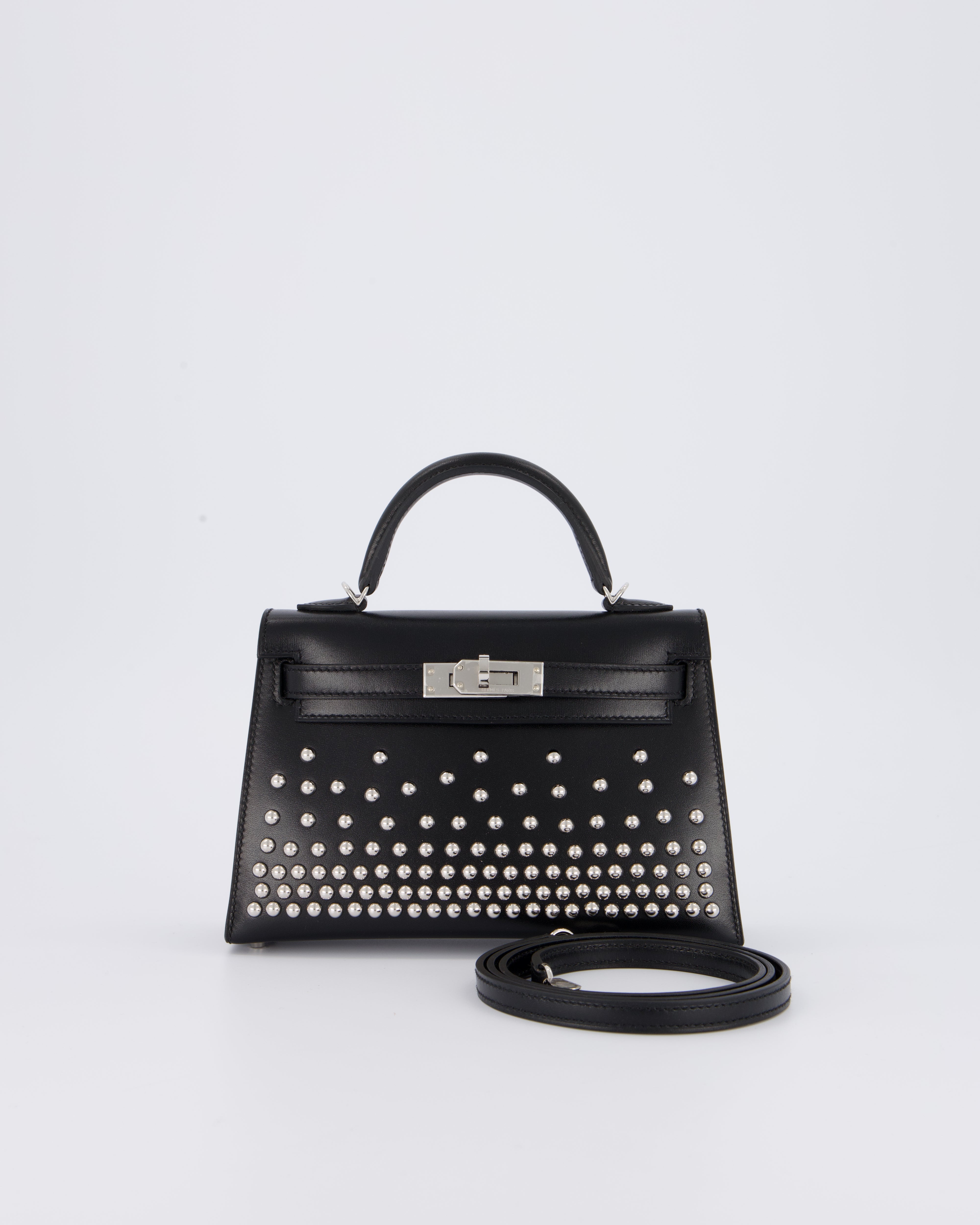 *SUPER RARE & HOT* Hermès Mini Kelly II 20 Clouté Bag in Noir Box Calf Leather with Palladium Hardware &amp; Studs