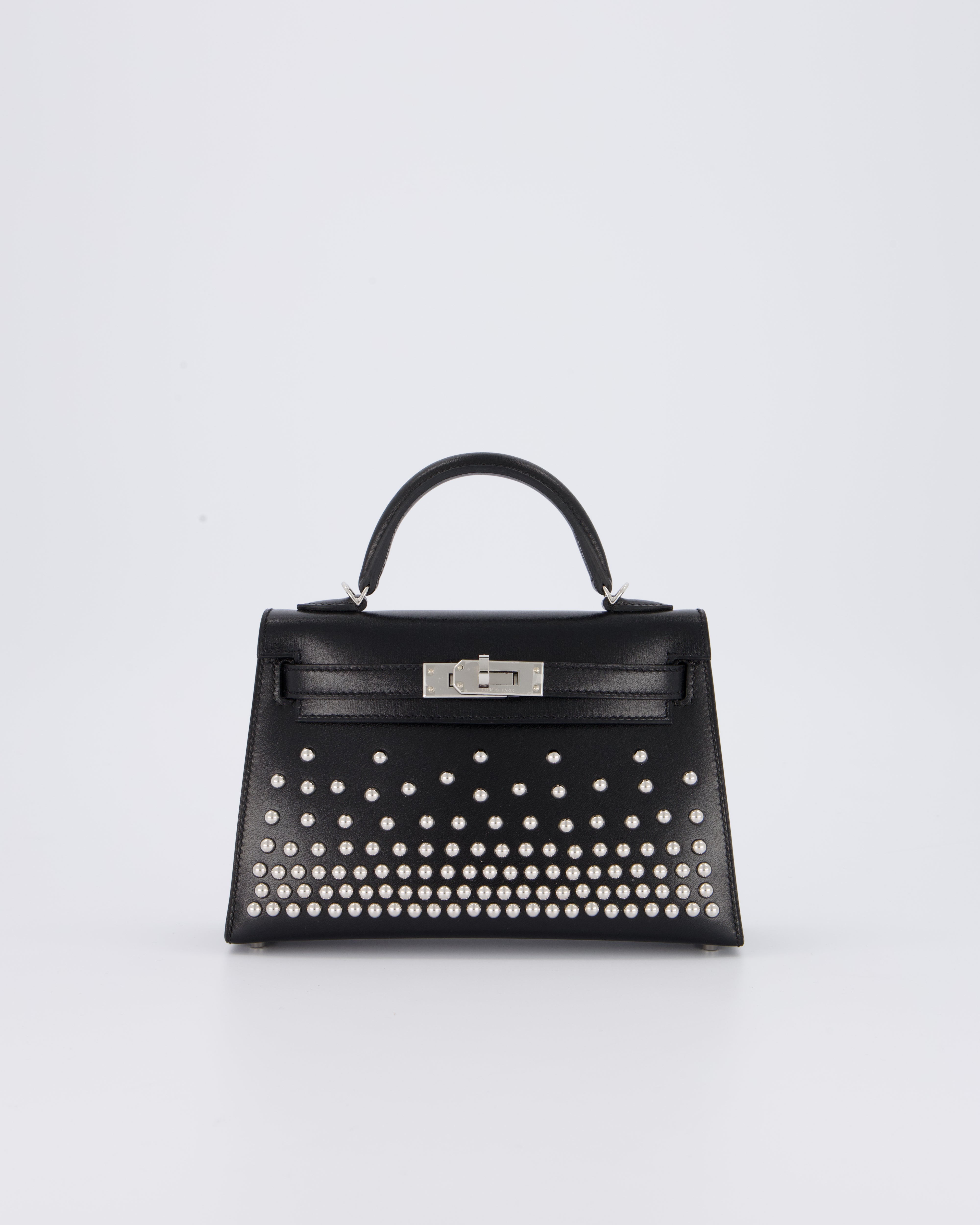 *SUPER RARE & HOT* Hermès Mini Kelly II 20 Clouté Bag in Noir Box Calf Leather with Palladium Hardware &amp; Studs