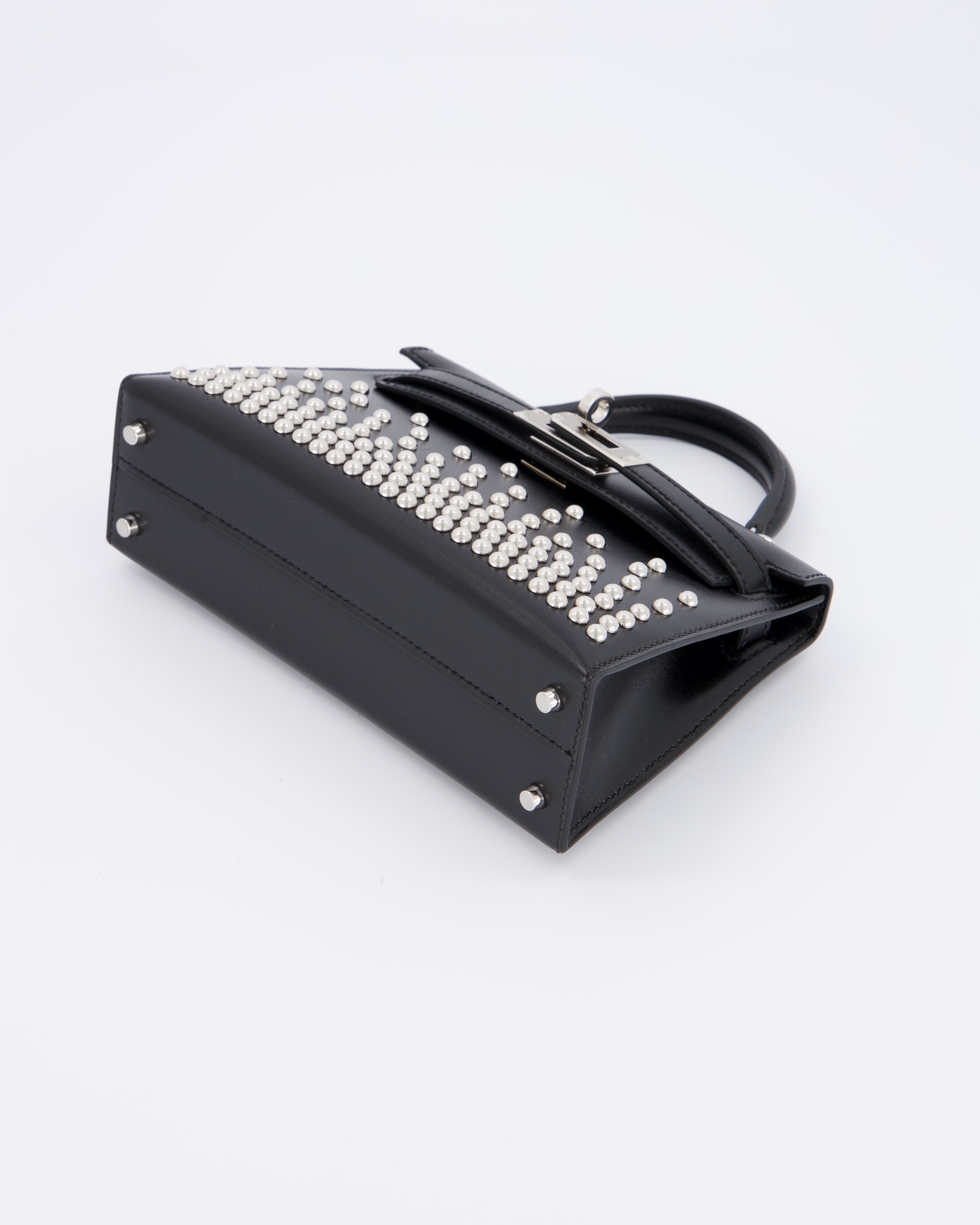 *SUPER RARE & HOT* Hermès Mini Kelly II 20 Clouté Bag in Noir Box Calf Leather with Palladium Hardware &amp; Studs