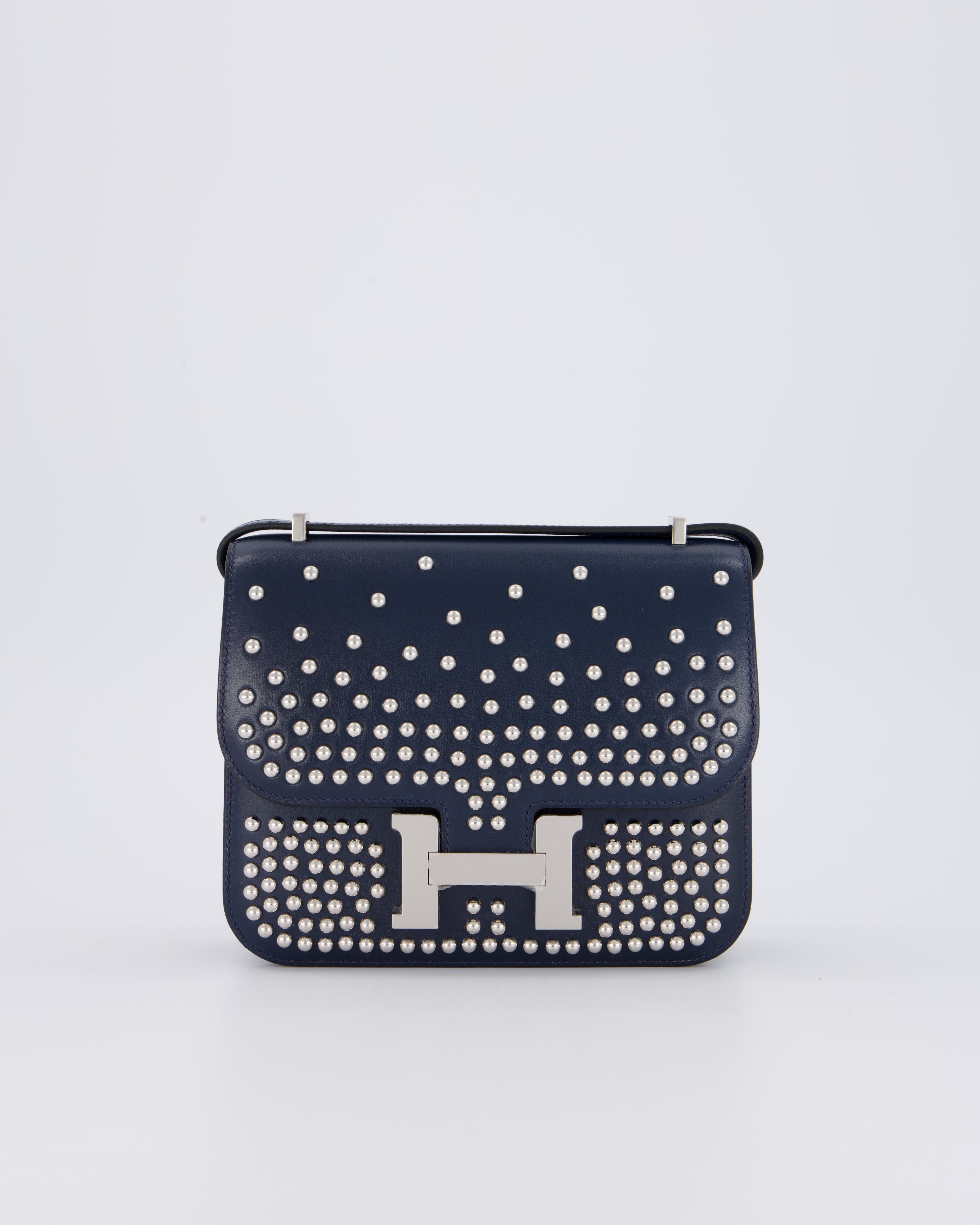 *LIMITED EDITION* Hermès Mini Constance Clouté III Miroir 18 Bag in Bleu Abysse Calfskin Box Leather with Palladium Hardware