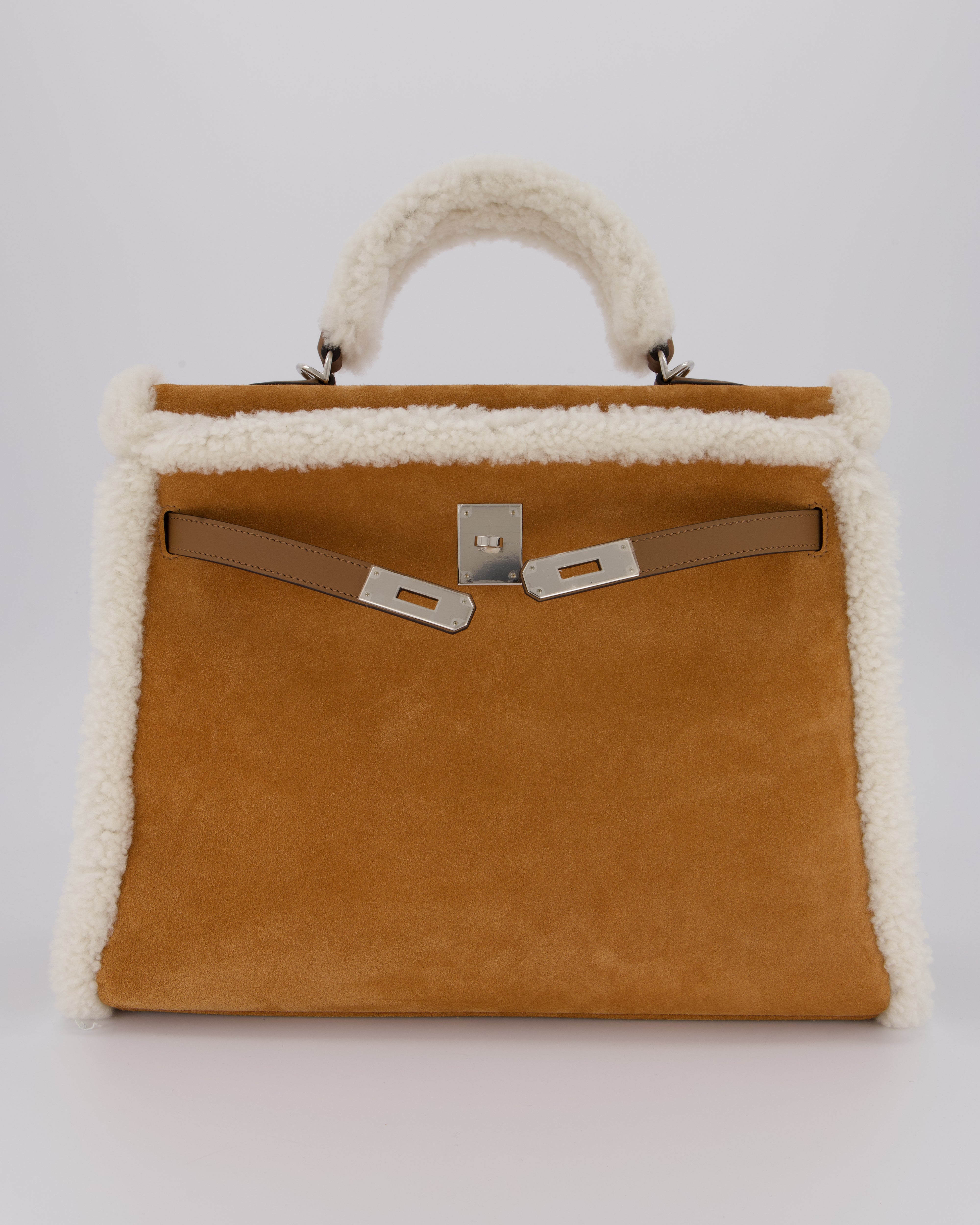 *COLLECTOR'S* Hermès Kelly 35 Teddy Plush Grizzly Bag in Alezan Swift Leather, Ecru Plush & Chamois Grizzly Suede Leather with Palladium Hardware