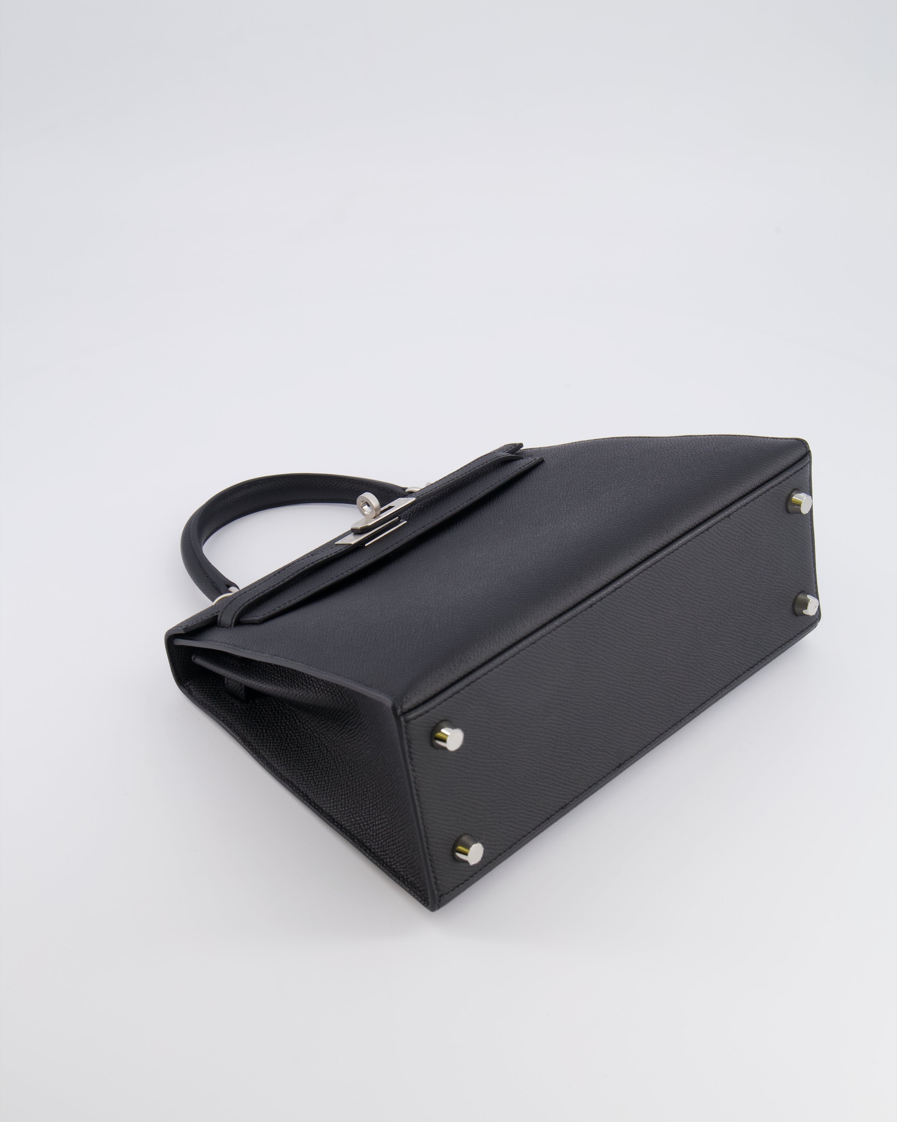 Hermès HSS Kelly 25 Sellier Bag in Noir Epsom Leather and Bleu Zellige Interior with Brushed Palladium Hardware