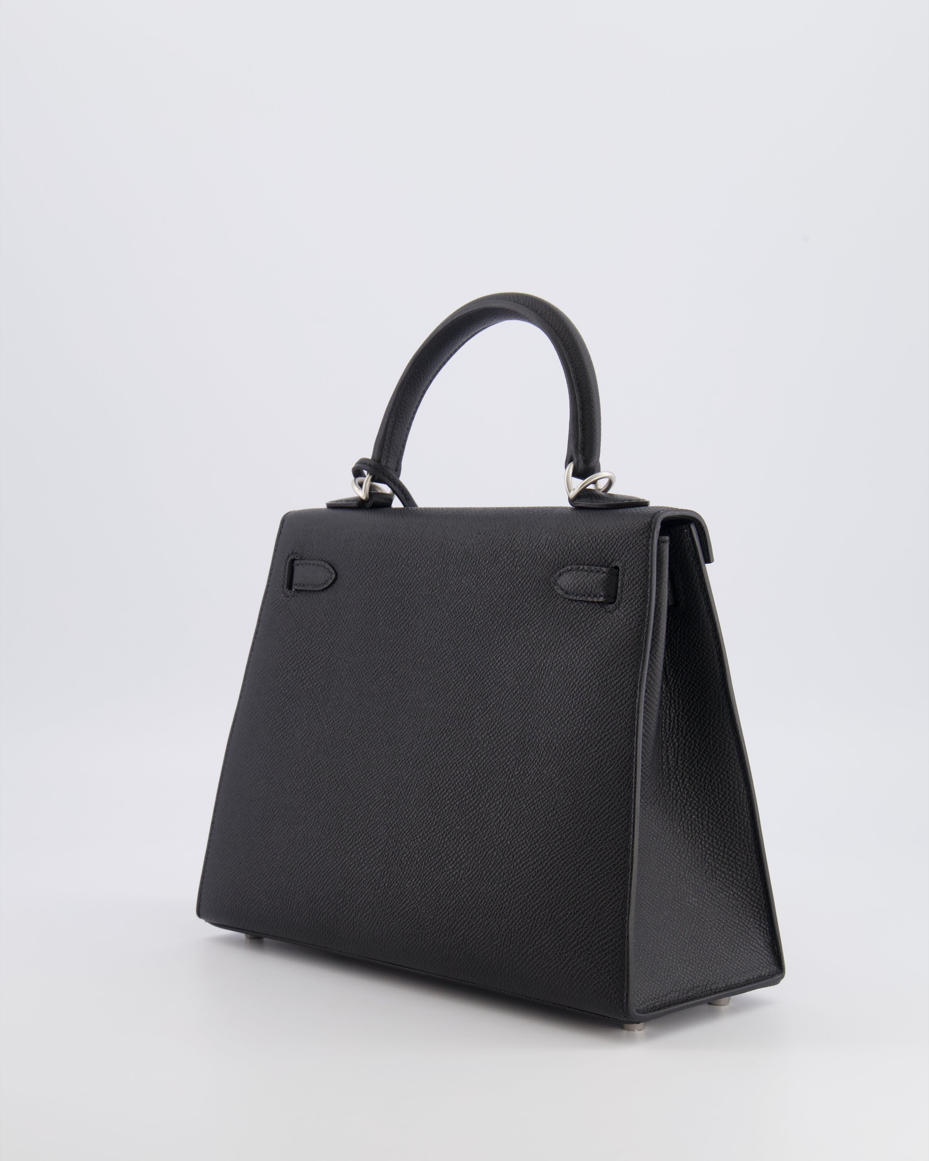 Hermès HSS Kelly 25 Sellier Bag in Noir Epsom Leather and Bleu Zellige Interior with Brushed Palladium Hardware