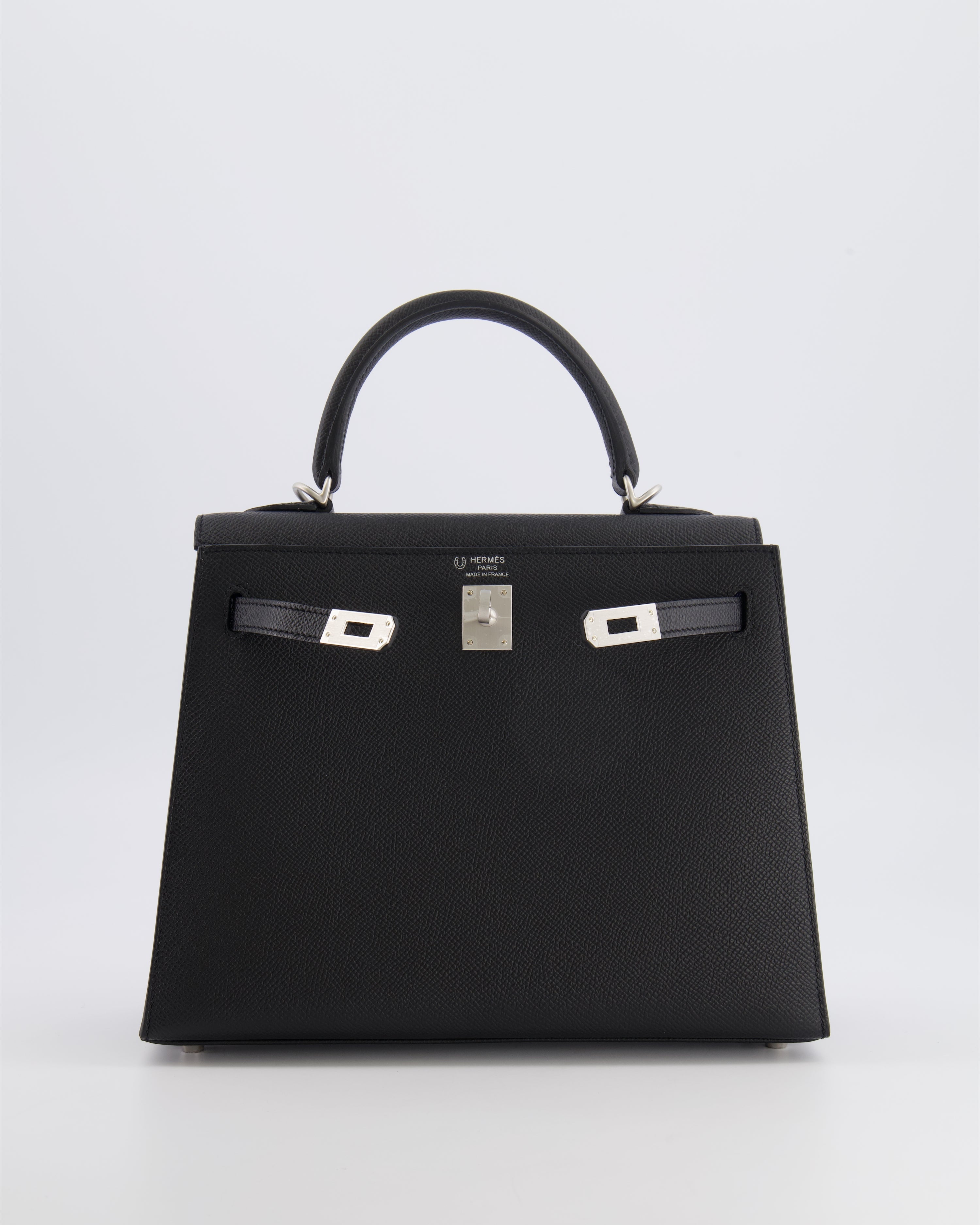 Hermès HSS Kelly 25 Sellier Bag in Noir Epsom Leather and Bleu Zellige Interior with Brushed Palladium Hardware