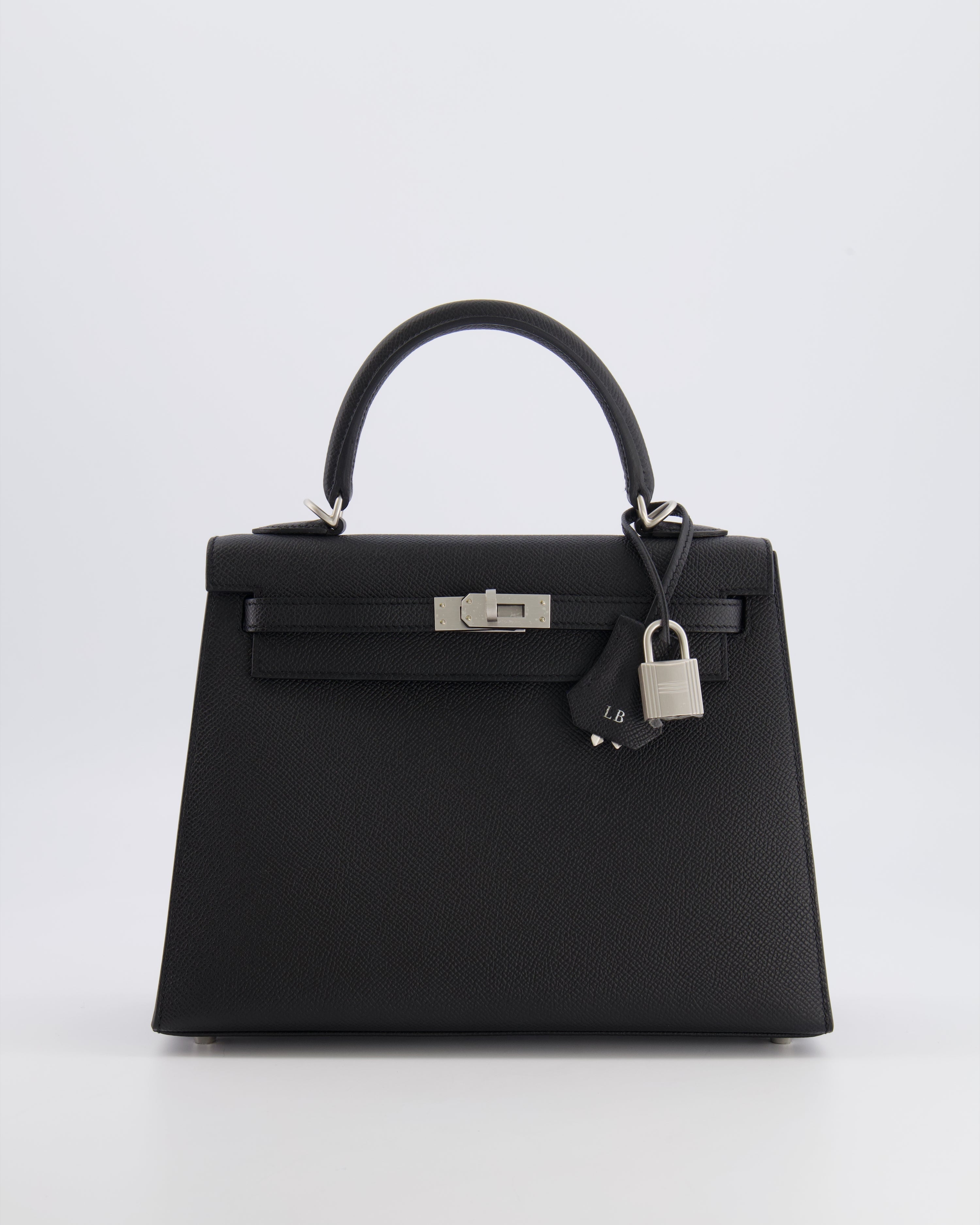 Hermès HSS Kelly 25 Sellier Bag in Noir Epsom Leather and Bleu Zellige Interior with Brushed Palladium Hardware