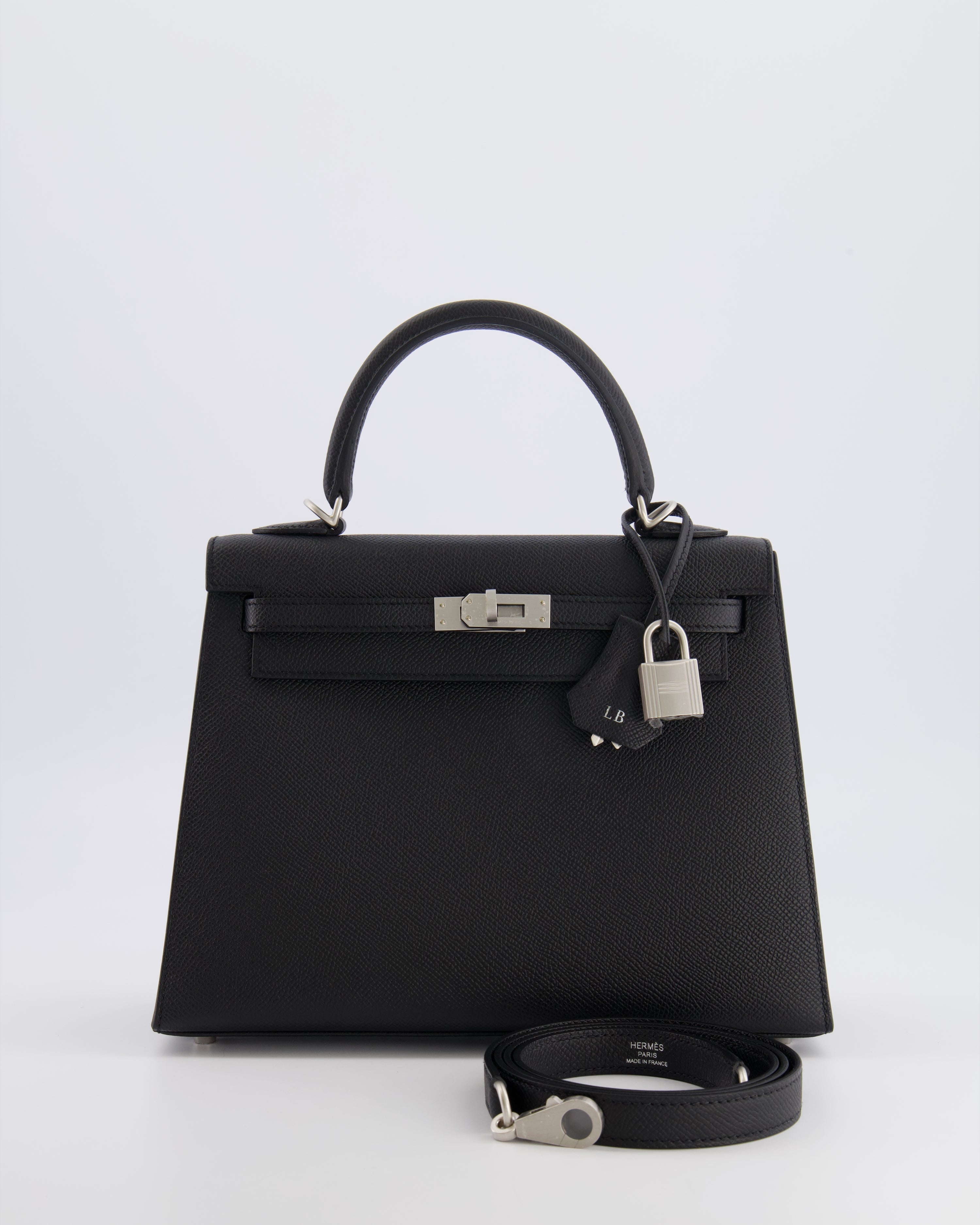 Hermès HSS Kelly 25 Sellier Bag in Noir Epsom Leather and Bleu Zellige Interior with Brushed Palladium Hardware