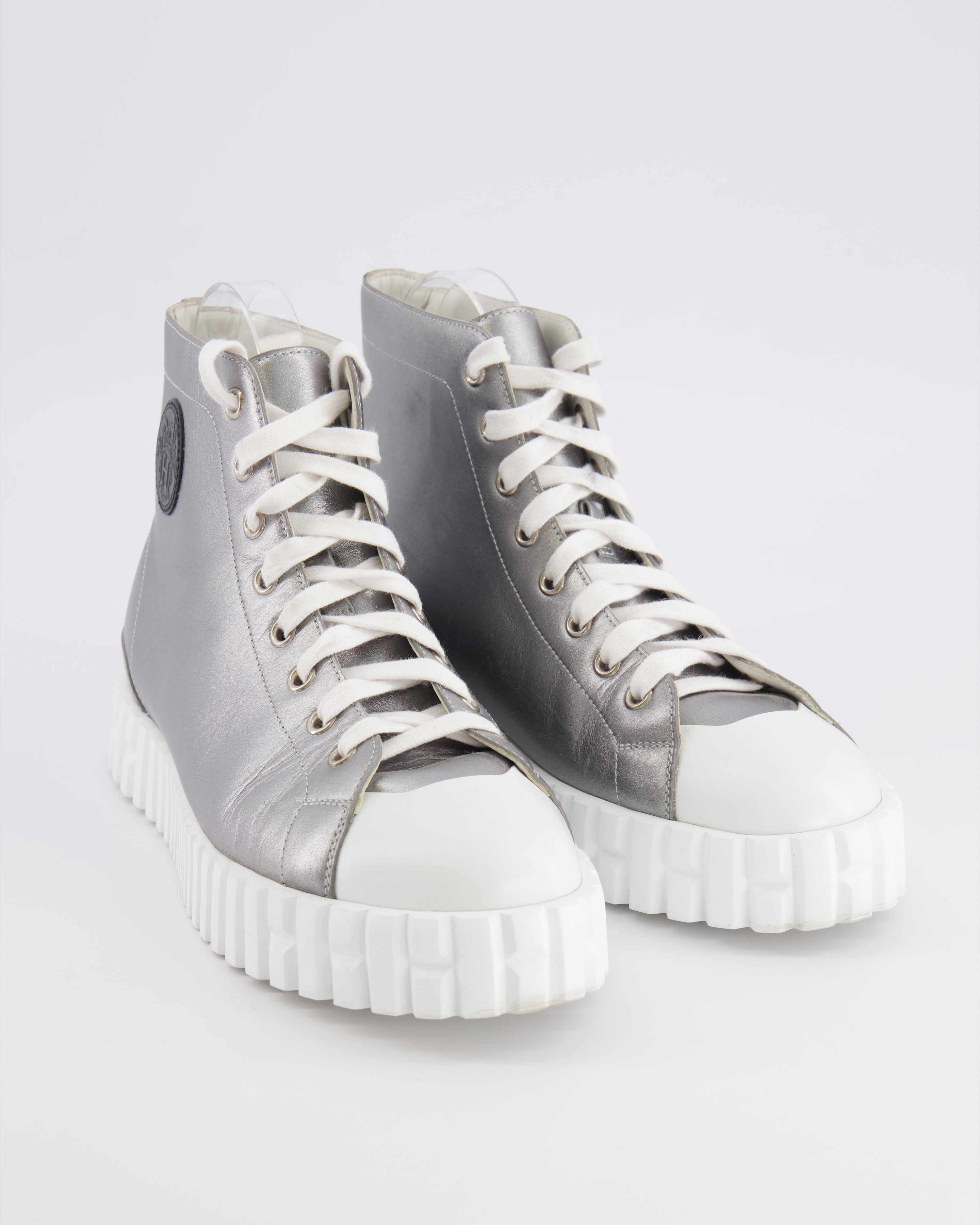Hermès Climb High-Top Trainers in Silver Metallic Leather with White Rubber Platform Soles and Toecap with Black Logo Detail Size EU 39 RRP £790