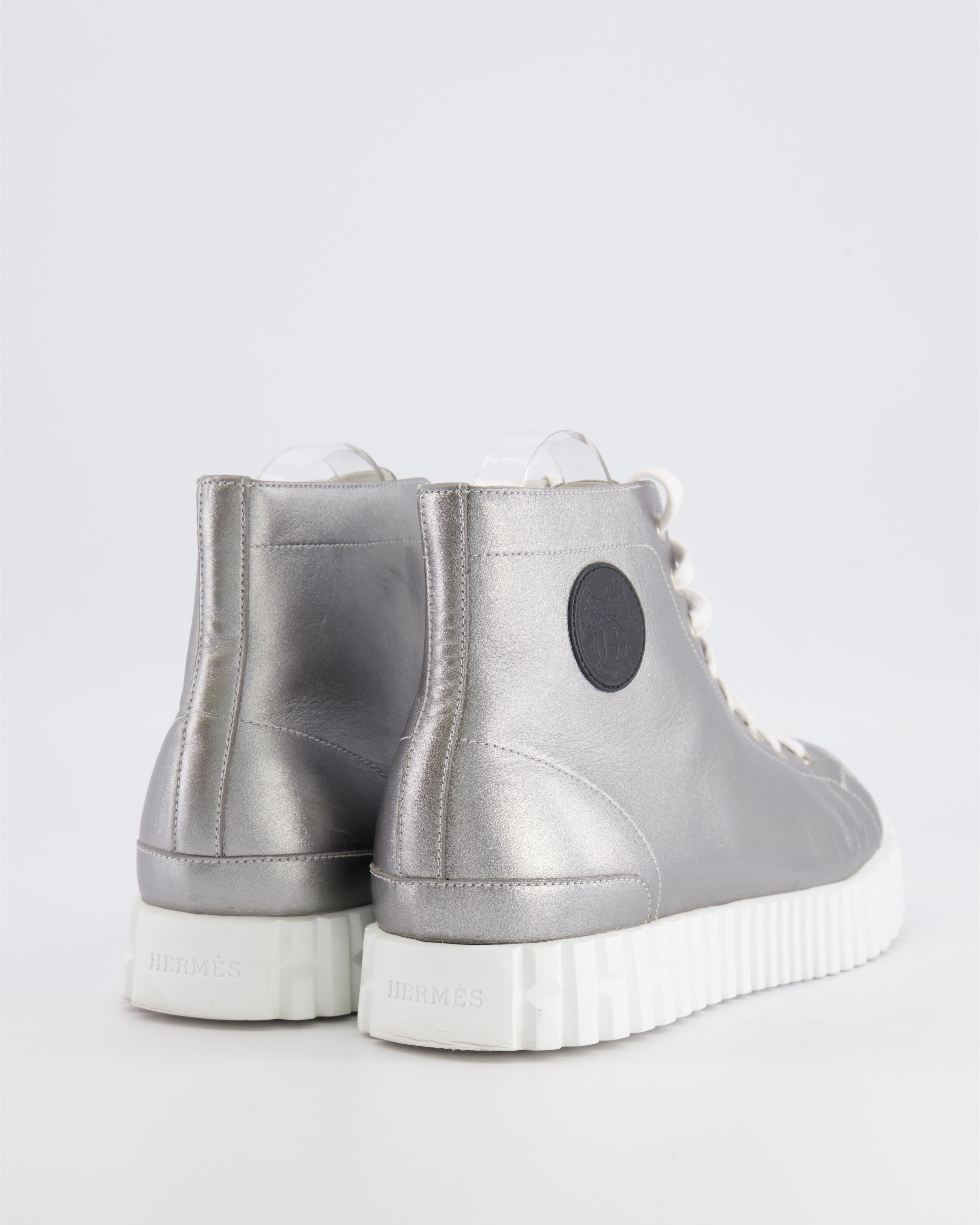 Hermès Climb High-Top Trainers in Silver Metallic Leather with White Rubber Platform Soles and Toecap with Black Logo Detail Size EU 39 RRP £790